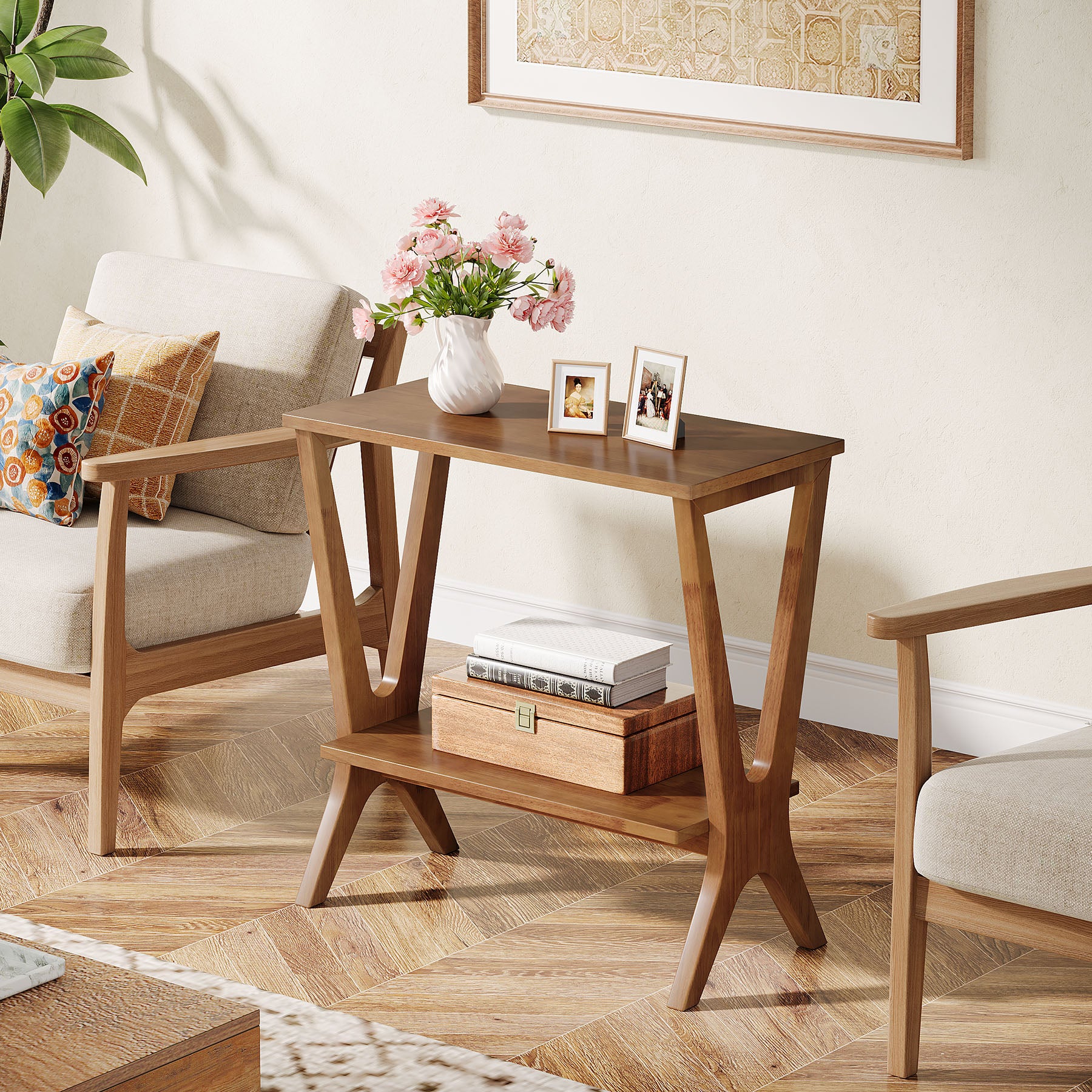 Tribesigns 23.62-Inch Narrow End Table, 2-Tier Solid Wood Side Table with Storage Shelves for Living Room