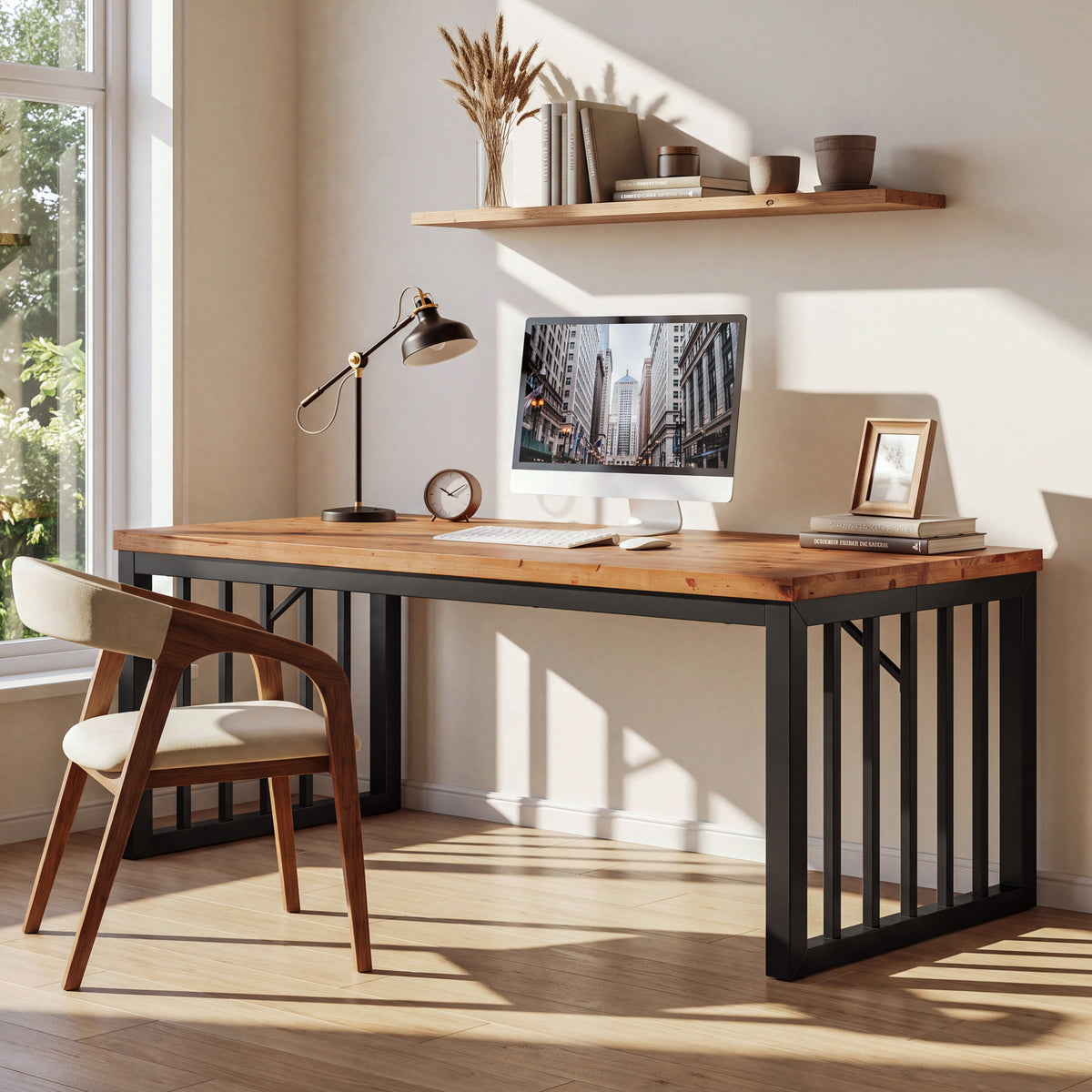 Tribesigns 63 Inch Solid Wood Executive Desk with Metal Frame, Farmhouse Home Office Computer Desk