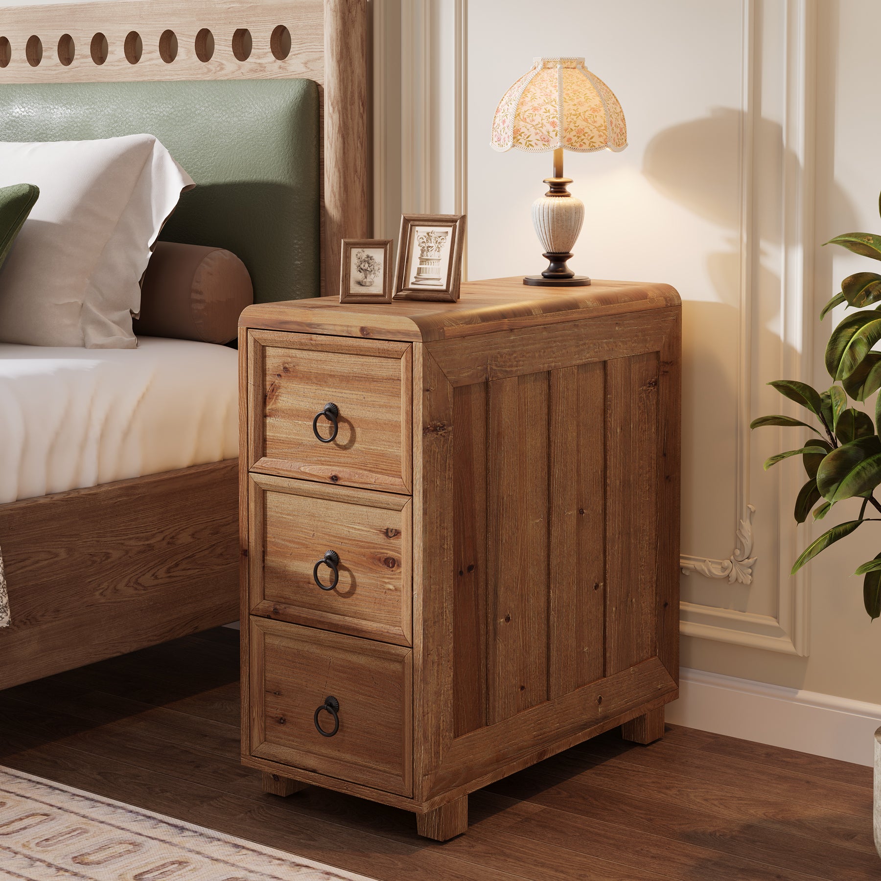Tribesigns 11.81 Inch Narrow Solid Wood Side Table with 3 Drawers, Slim Bedside Table for Bedroom