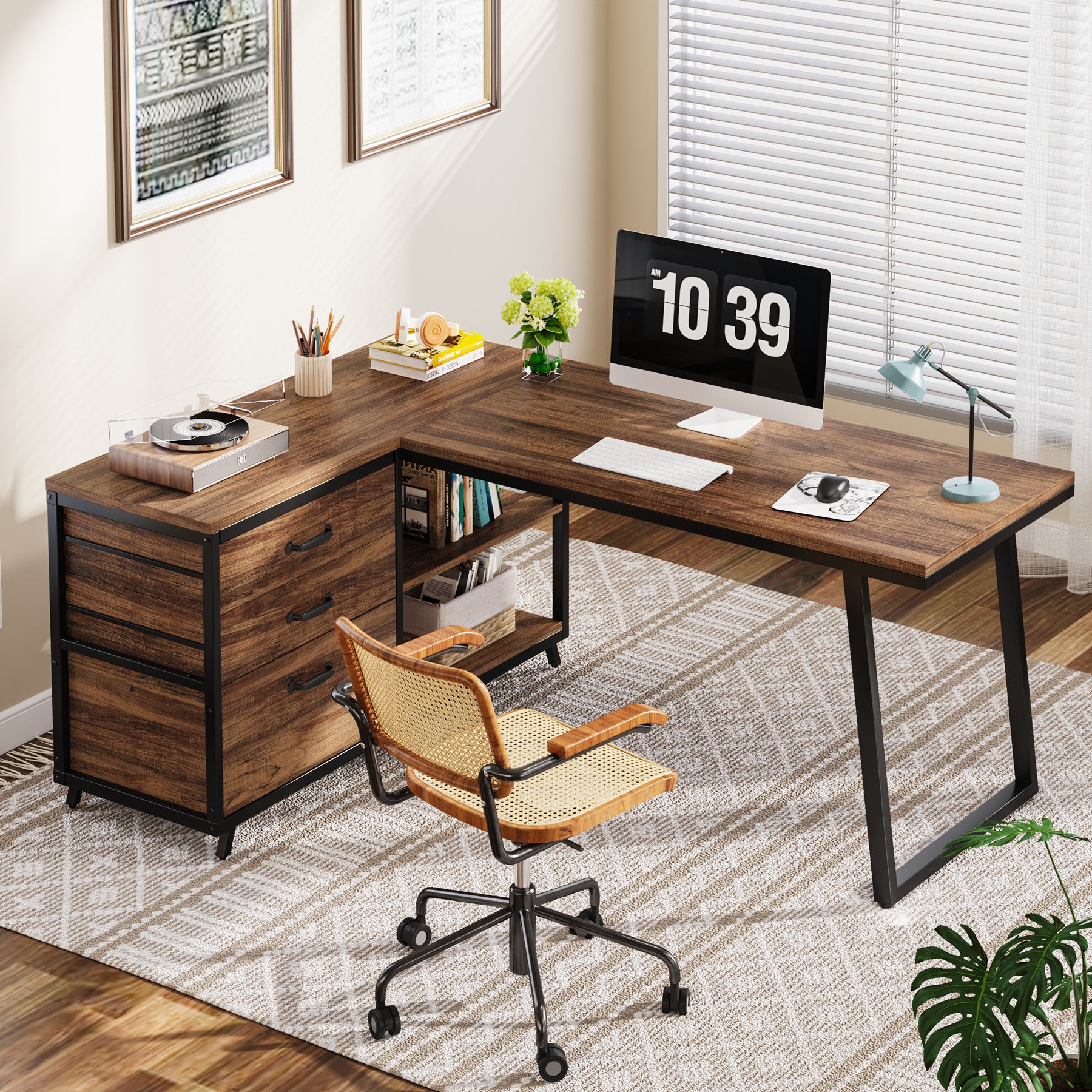 Reversible L-Shaped Computer Desk with 3 Drawers and Shelves, 53-Inch Rustic Brown Corner Desk for Small Spaces