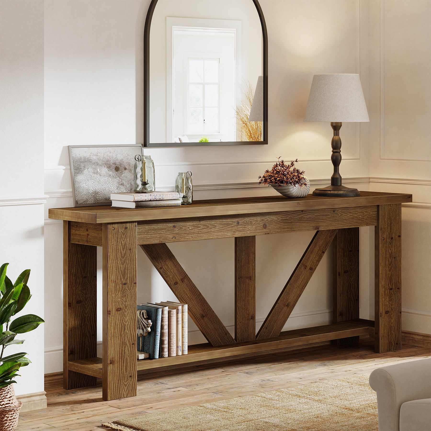 70.9-Inch Solid Wood Console Table with Triangular Base, 2-Tier Sofa Table for Hallway