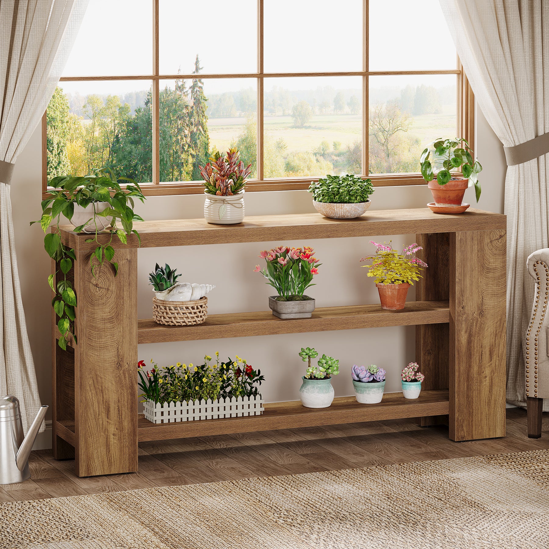 63-Inch Industrial Console Table, Narrow Wooden Sofa Table with Metal Frame