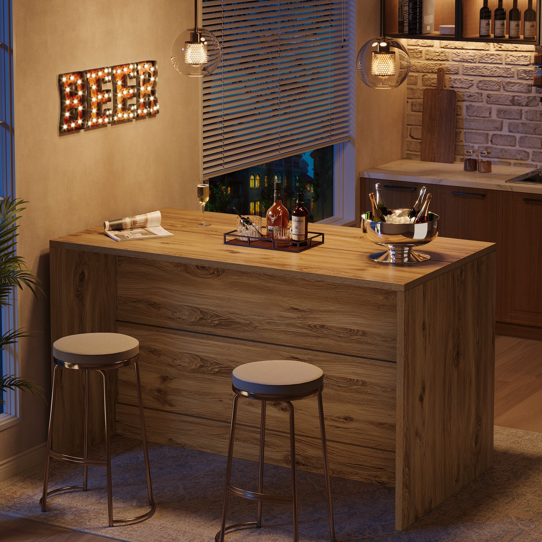 59 Inch Home Bar Table with 2-Tier Shelves, Farmhouse Pub Table for Kitchen and Bistro