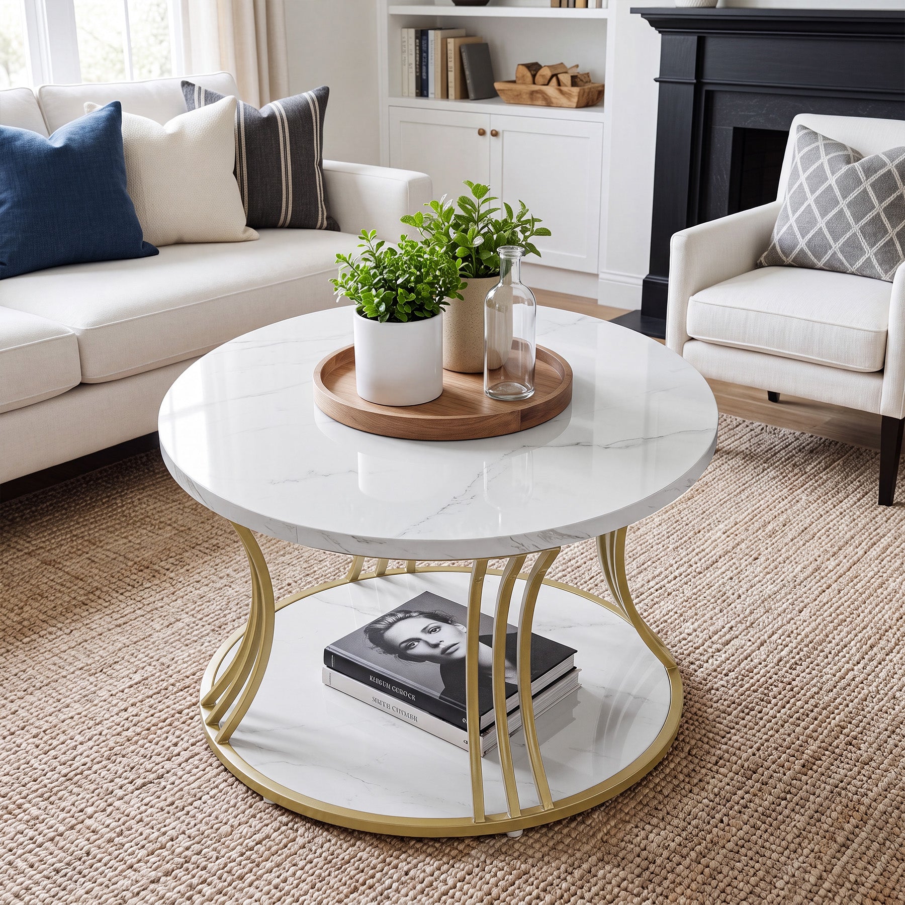 Tribesigns 31.5 Inch Round Coffee Table, 2 Tier Faux Marble Top with Gold Metal Frame for Living Room
