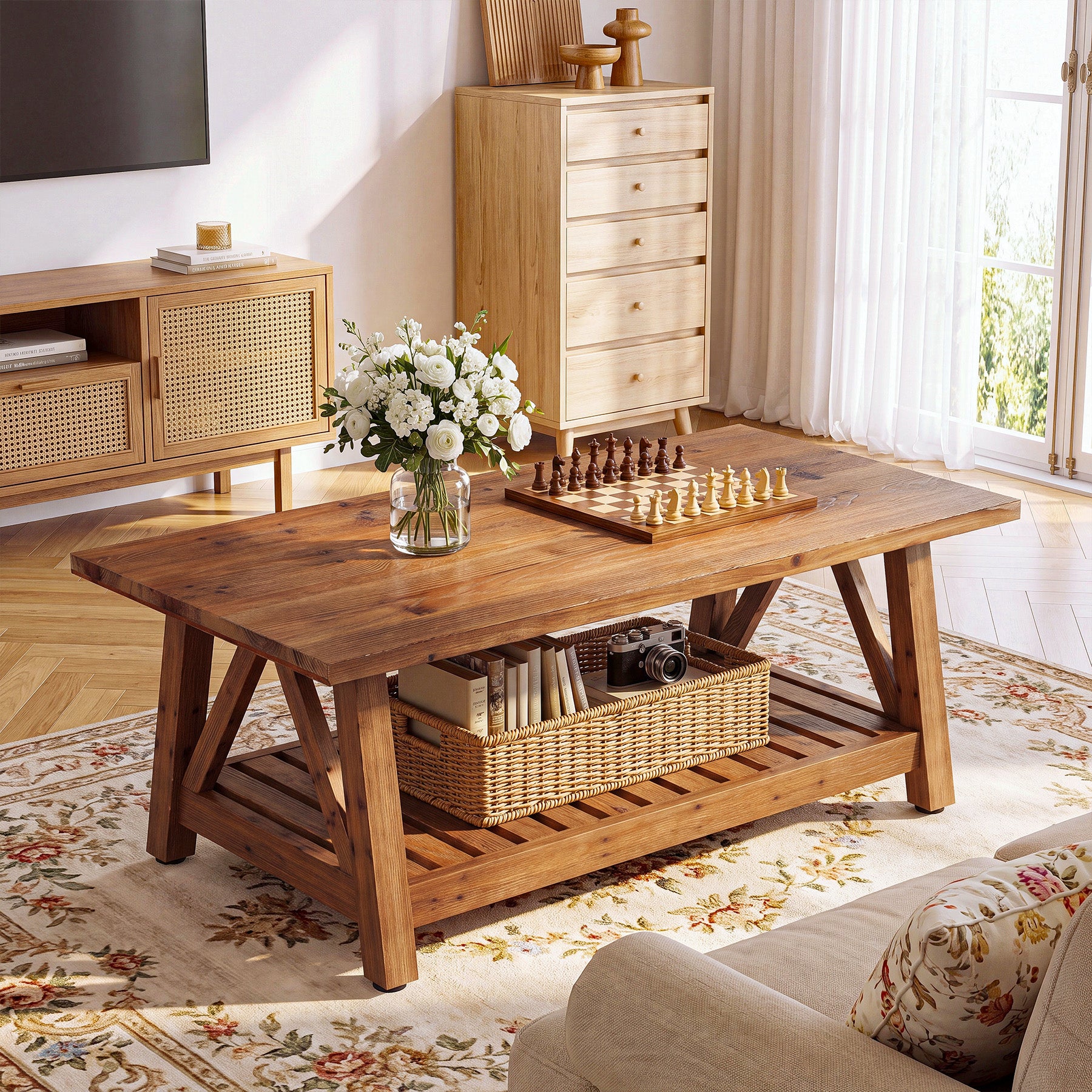 Tribesigns 47.24-Inch Solid Wood Coffee Table, Farmhouse 2-Tier Storage Table for Living Room