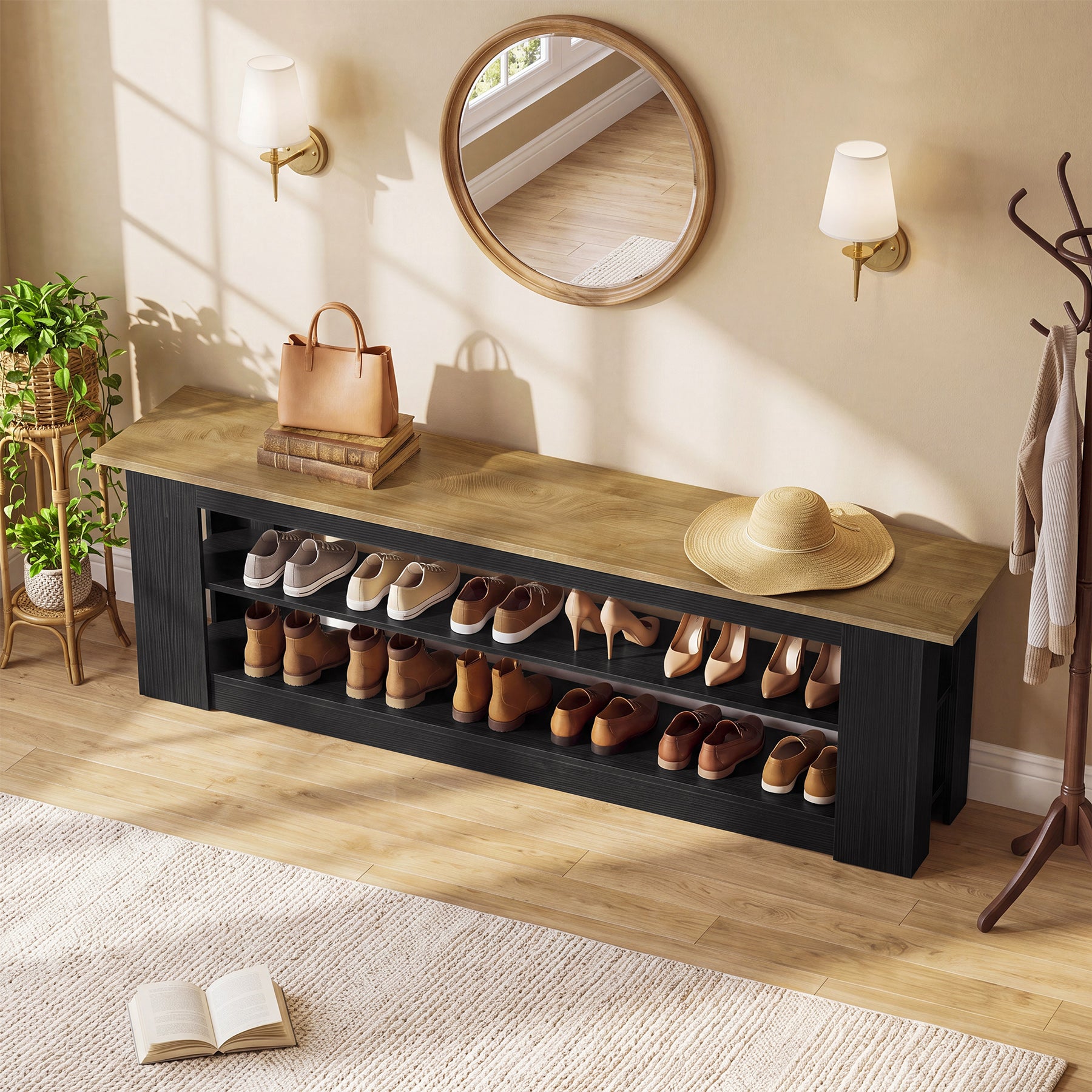 71-Inch Extra Long Shoe Storage Bench with 3-Tier Shelving, Farmhouse Entryway Seating