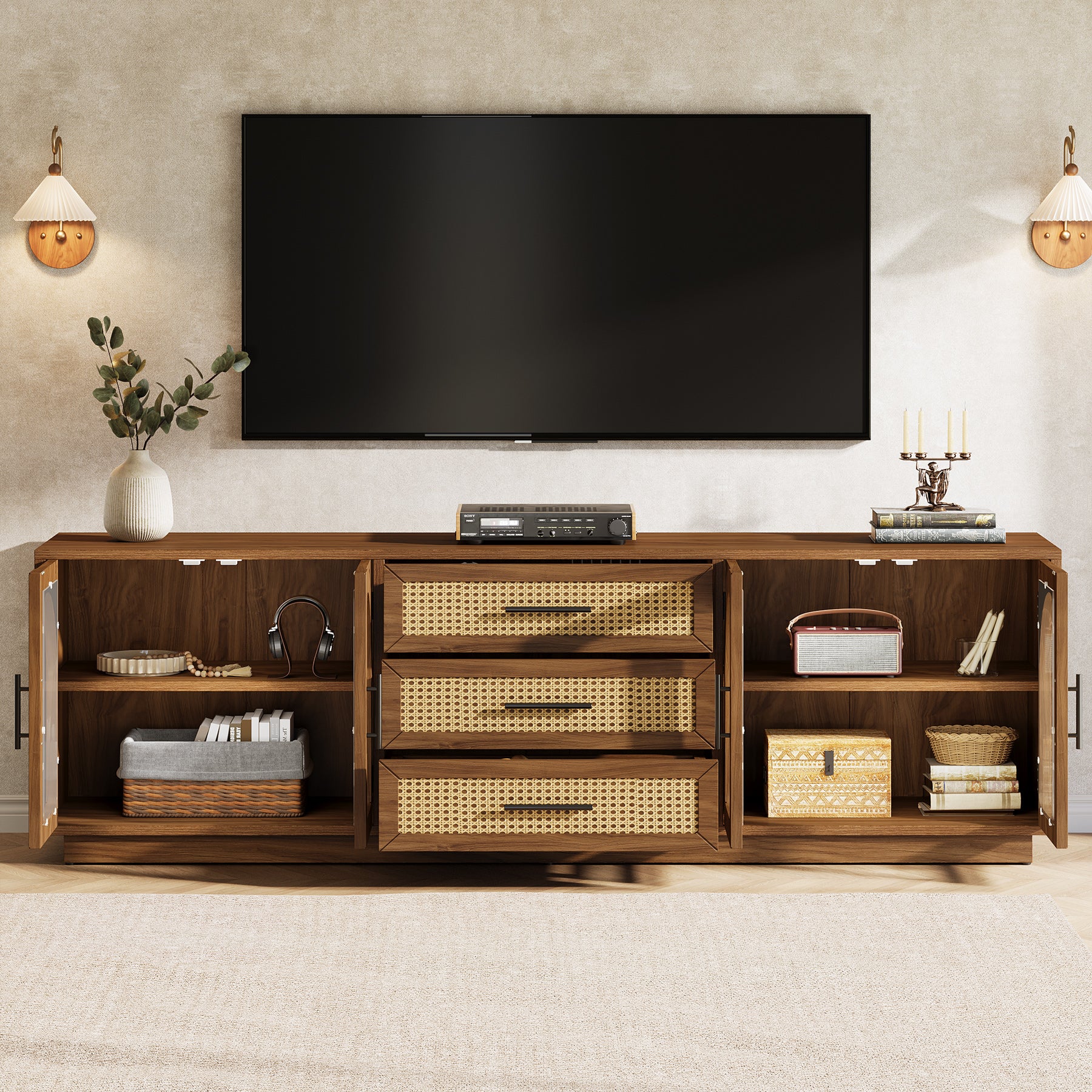 Tribesigns 71-Inch TV Stand with Rattan Drawers, Mid-Century Media Console for Living Room