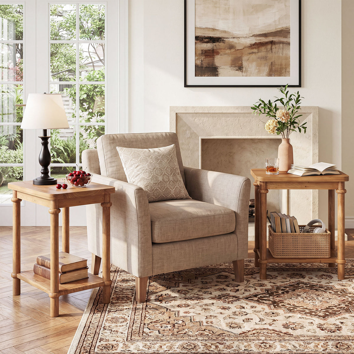 2-Tier Solid Wood Side Table with Storage Shelf, Space-Saving End Table for Living Room and Bedroom