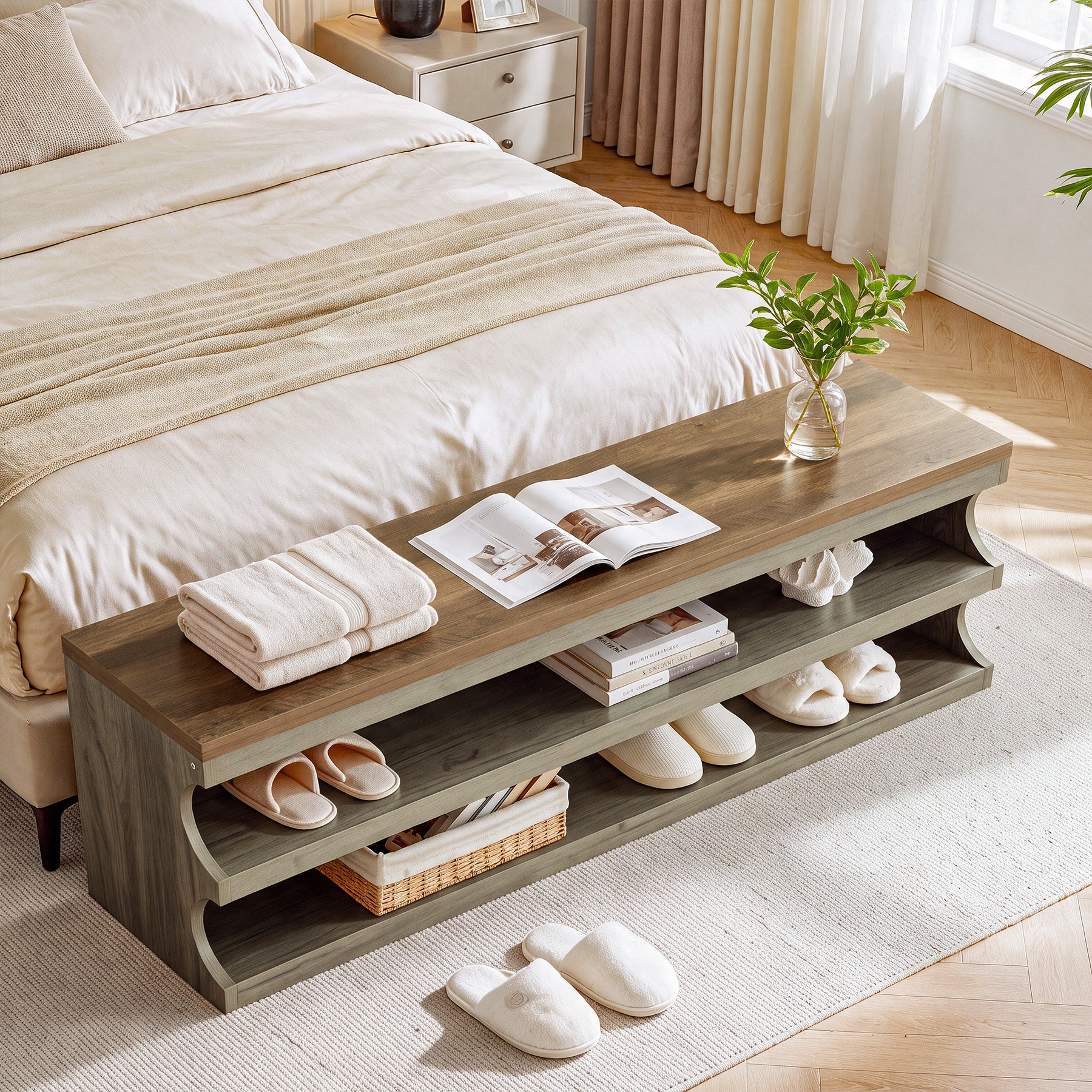 Tribesigns 55 Inch Entryway Bench, 3 Tier Shoe Storage Bench with Seating for Hallway and Bedroom