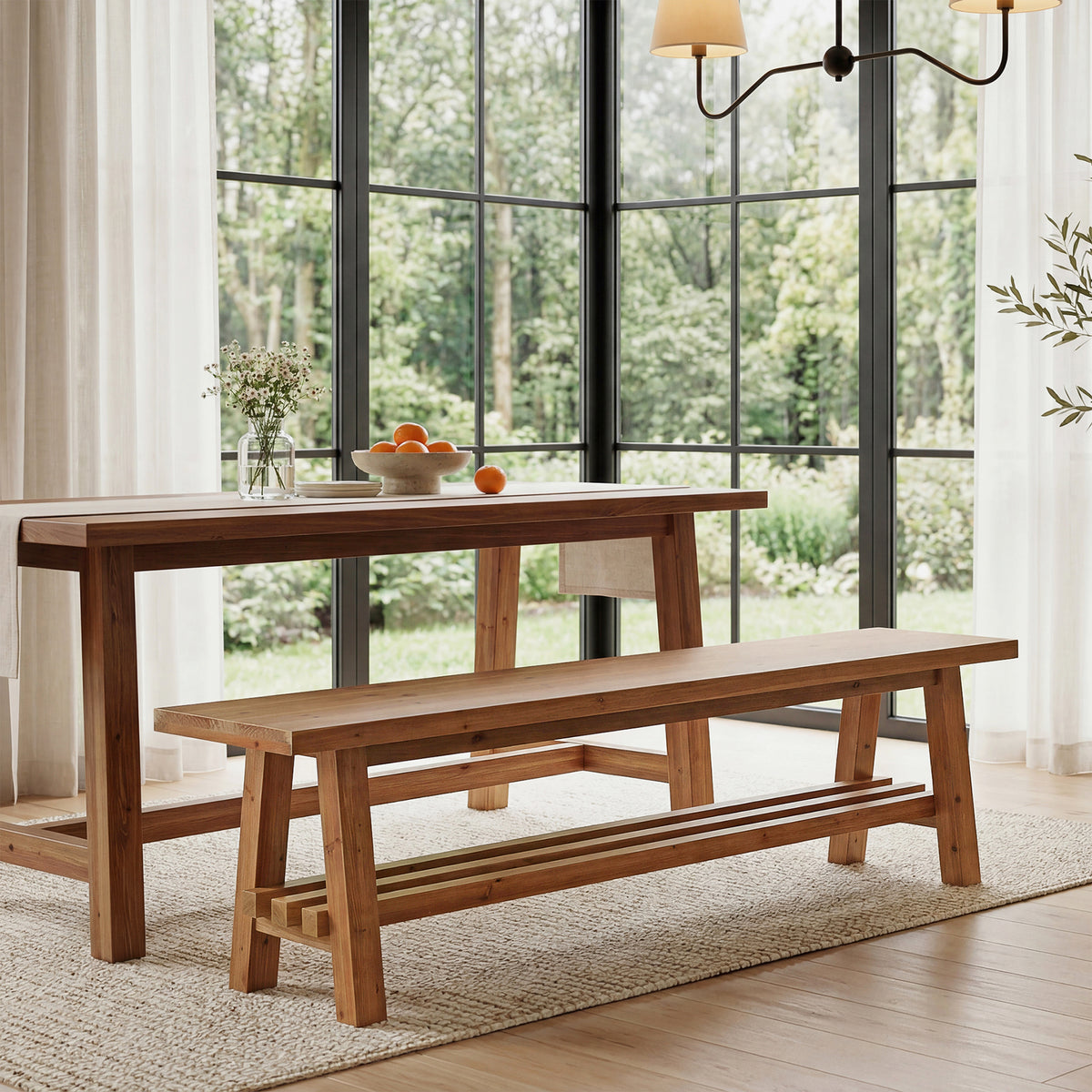 Tribesigns 55.1-Inch Solid Wood Dining Bench, Narrow Farmhouse Bench with Slatted Storage Shelf
