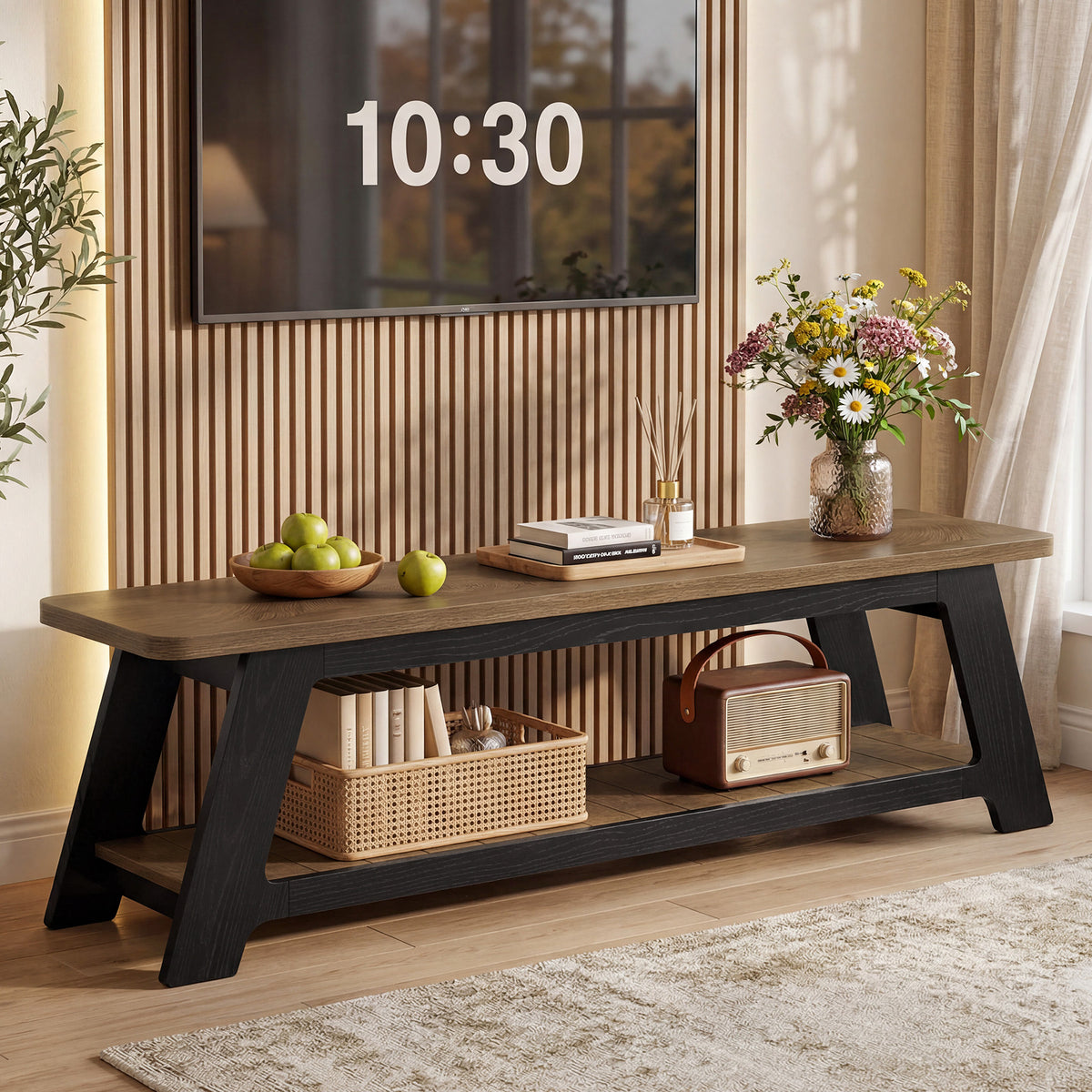 63 Inch TV Stand for 70 Inch TVs with Open Storage Shelf, Modern Farmhouse Media Console for Living Room