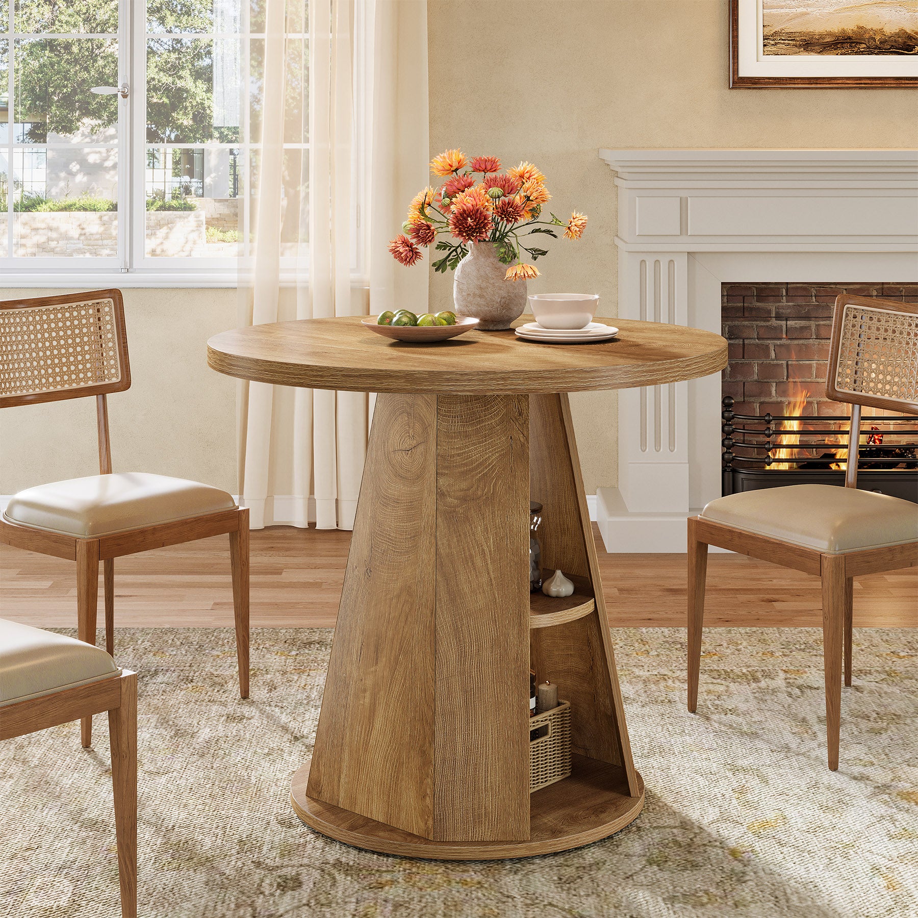 Tribesigns 31.5-Inch Round Dining Table for 2-4, Space-Saving Farmhouse Kitchen Table with 2-Tier Storage Shelf for Small Spaces