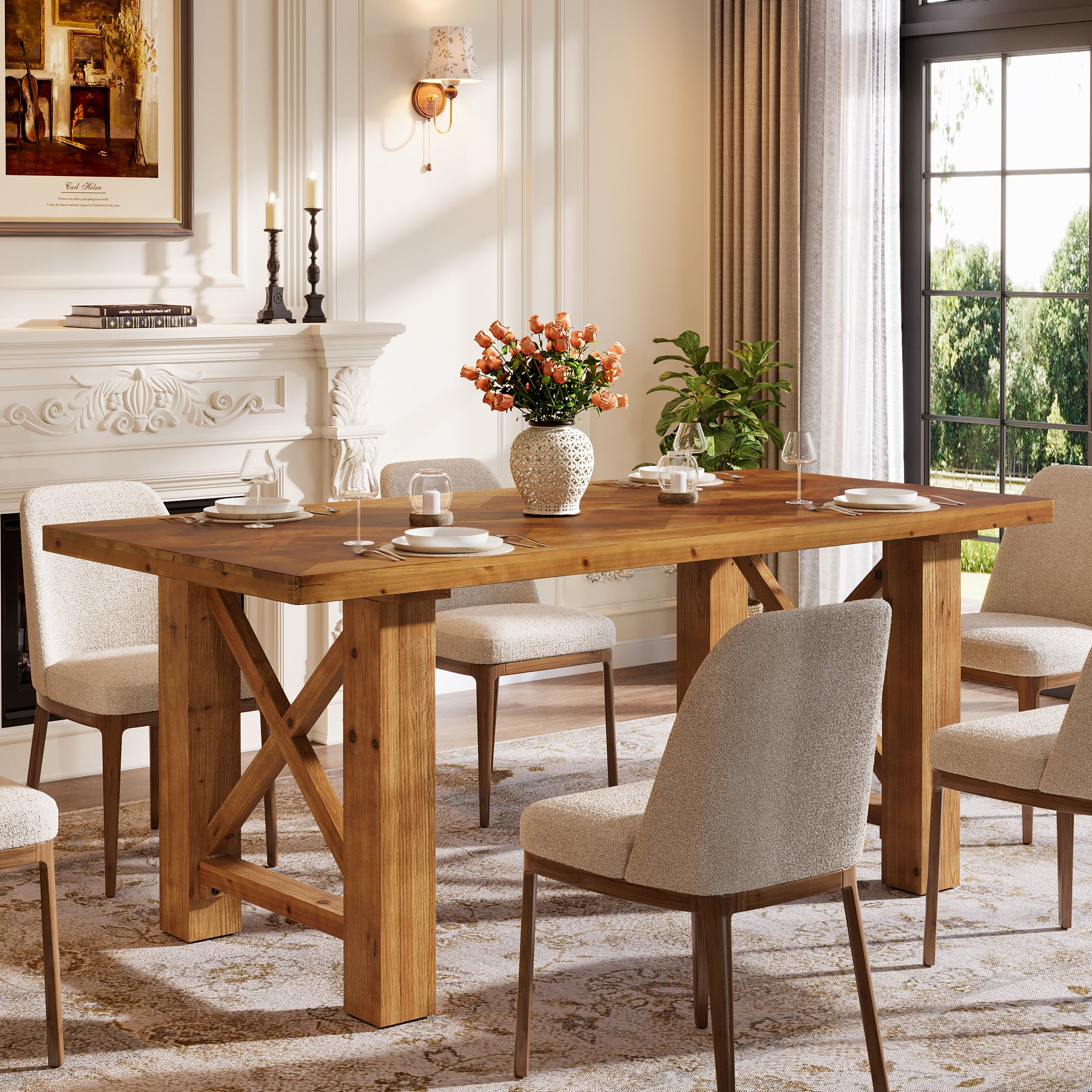 63-Inch Solid Fir Wood Dining Table with Herringbone Top, Farmhouse Table for Dining Room