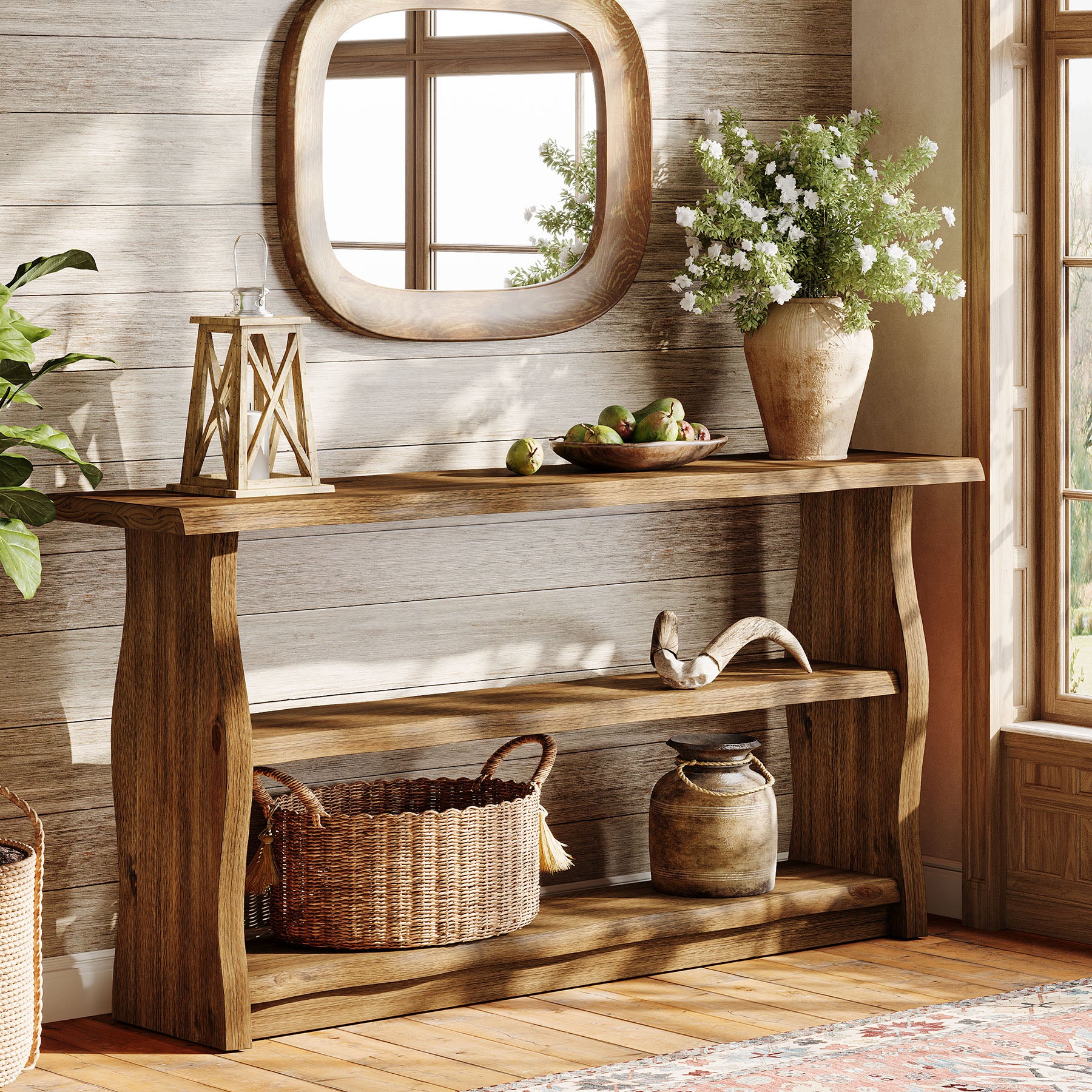 63-Inch Solid Wood Console Table with 3-Tier Open Storage, Rustic Pinewood Entryway Table for Hallway