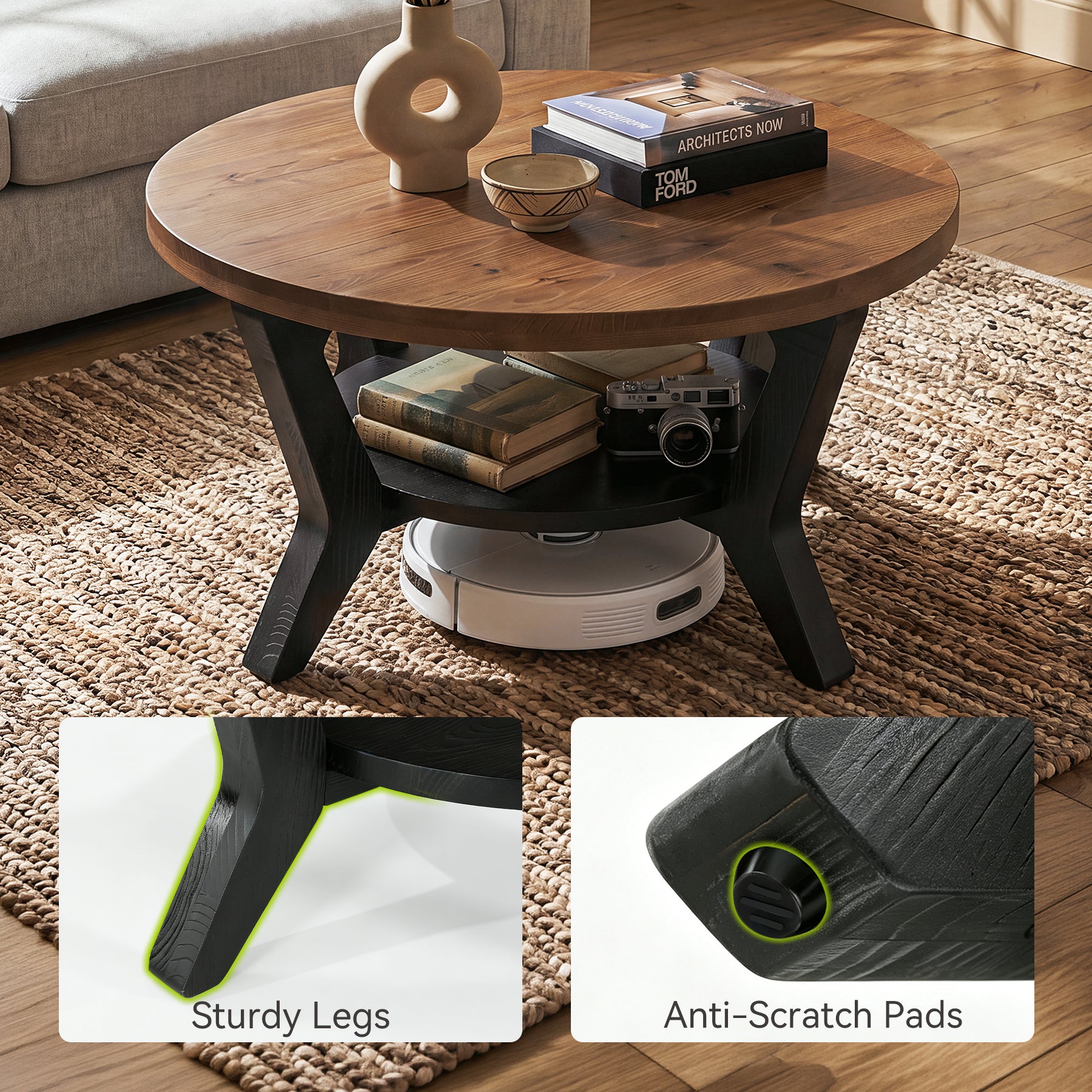 Tribesigns 31.5-Inch Solid Fir Wood Coffee Table with 2-Tier Storage, Round Table for Living Room