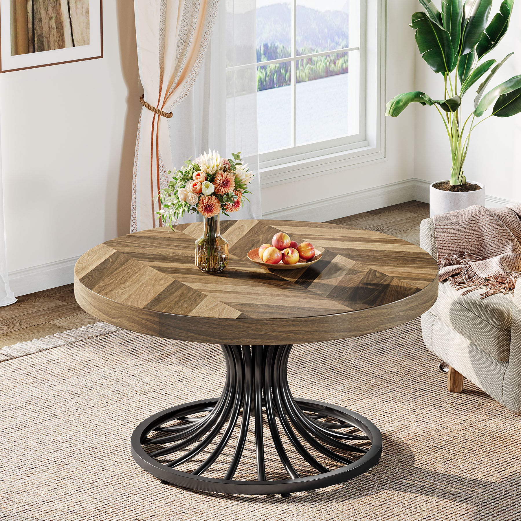 31.5-Inch Round Wood Coffee Table, Farmhouse Circle Table with Metal Pedestal for Living Room