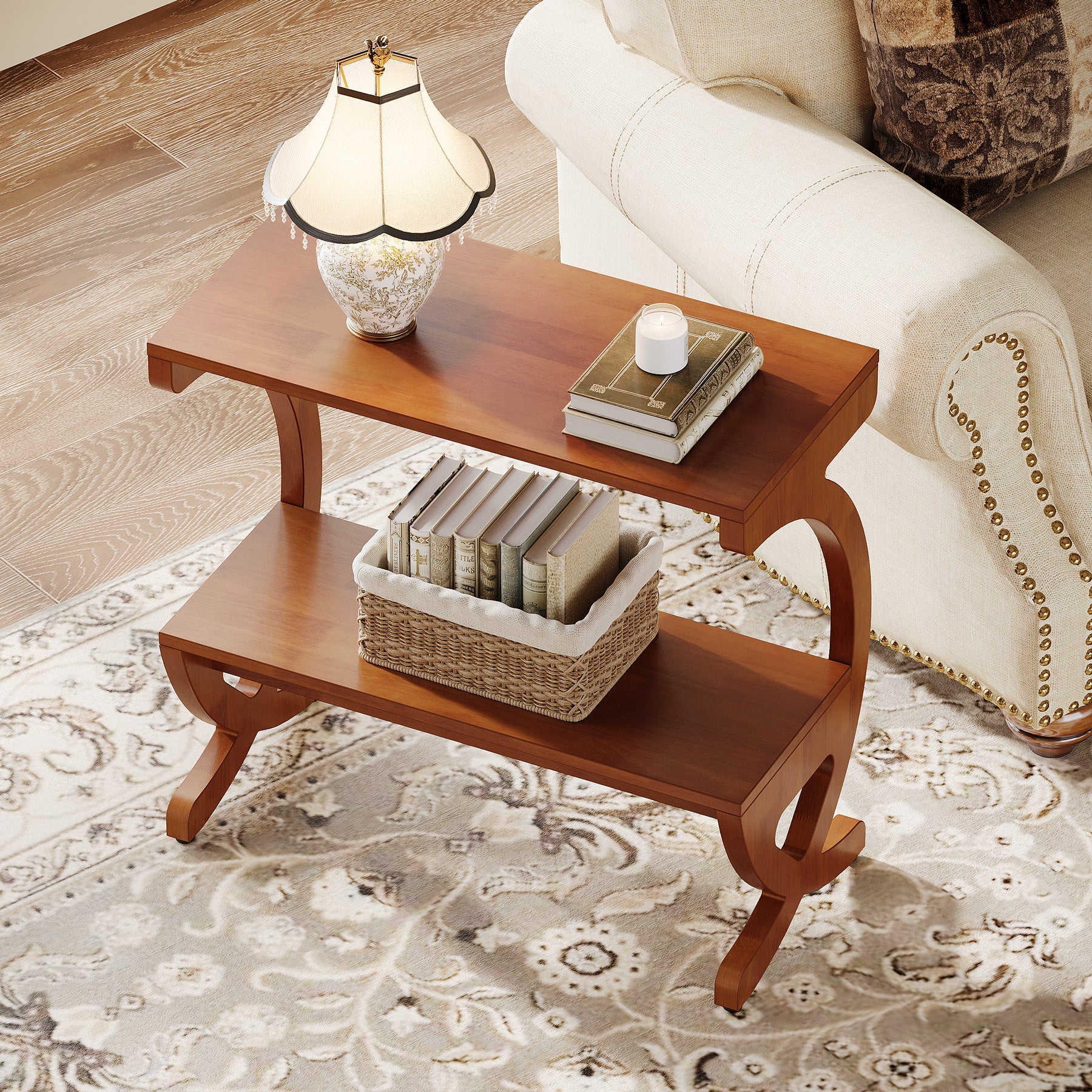 23.62-Inch Narrow End Table with 2-Tier Storage Shelf, Solid Wood Side Table for Living Room