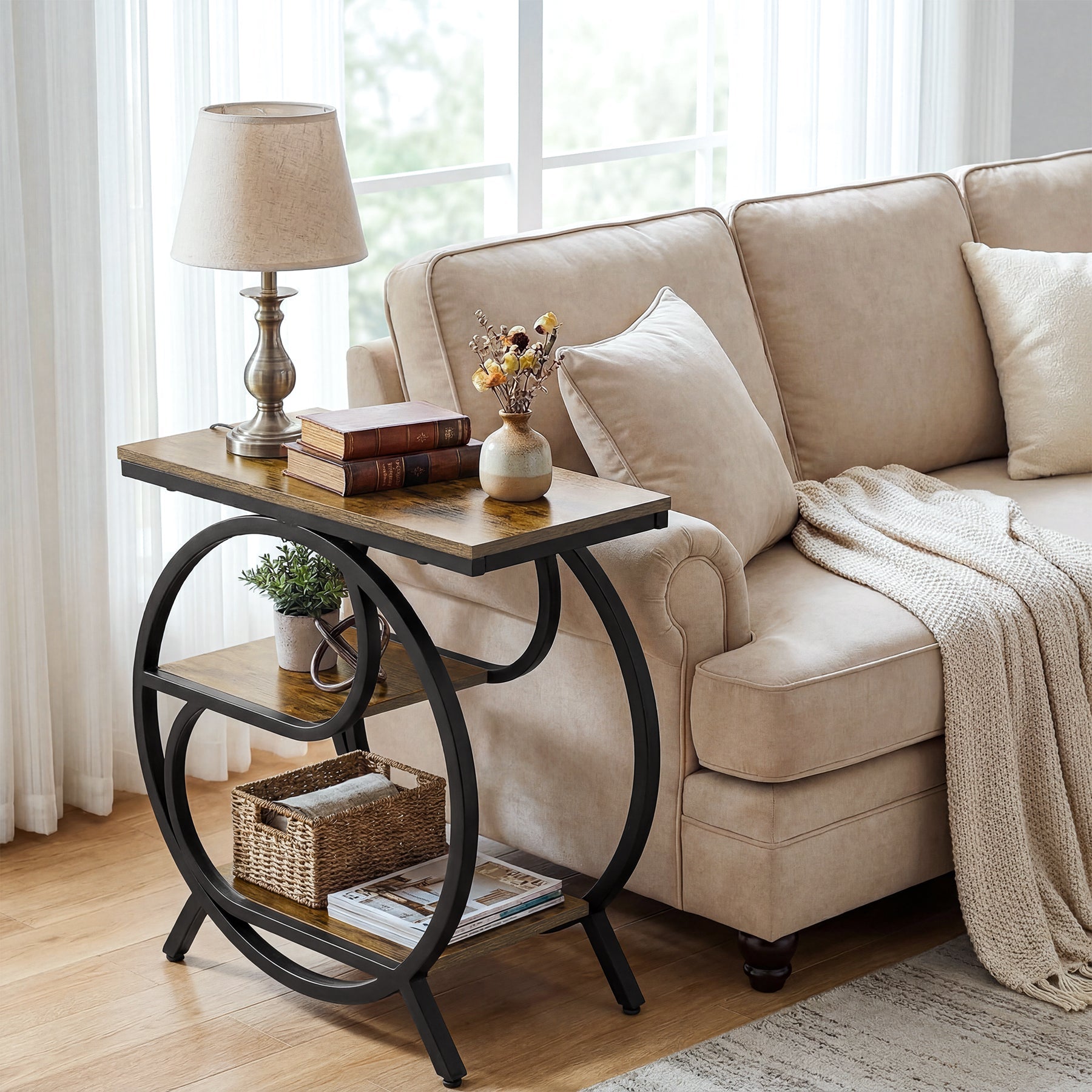 3-Tier Industrial End Table with Shelves, Rustic Side Table Nightstand