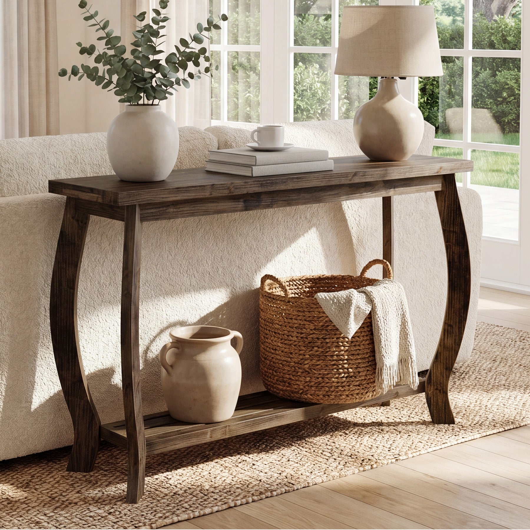 41.3 Inch Solid Wood Console Table with Curved Legs, Farmhouse Entryway Table with Shelf