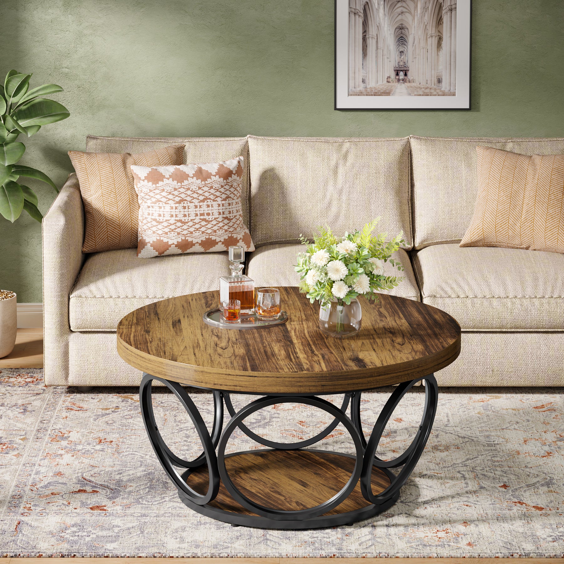 Tribesigns Coffee Table, Round Center Table with 2 Storage Shelves