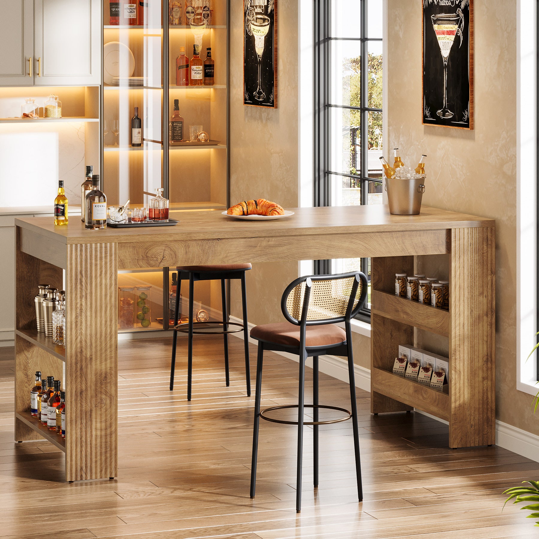 63 Inch Farmhouse Bar Table with Storage Shelves, Counter Height Pub Table for Kitchen