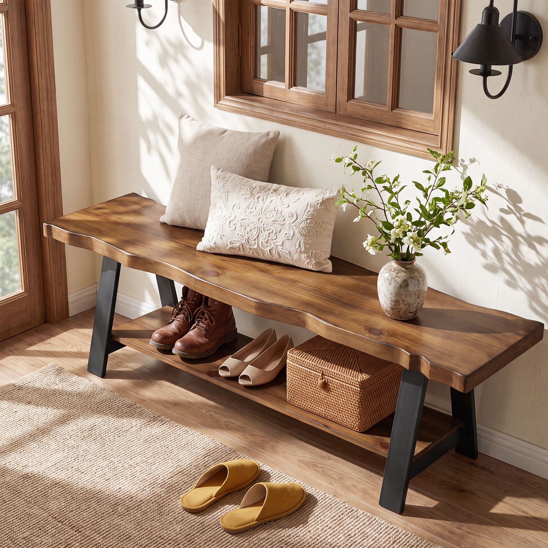 Tribesigns 63" Solid Wood Entryway Bench with Live Edge & 2-Tier Shoe Storage, Hallway & Mudroom