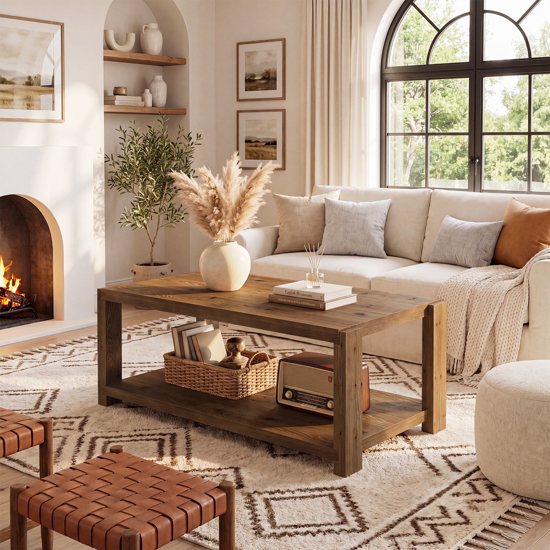 Tribesigns 47-Inch Solid Wood Coffee Table, 2-Tier Farmhouse Cocktail Table with Storage Shelf