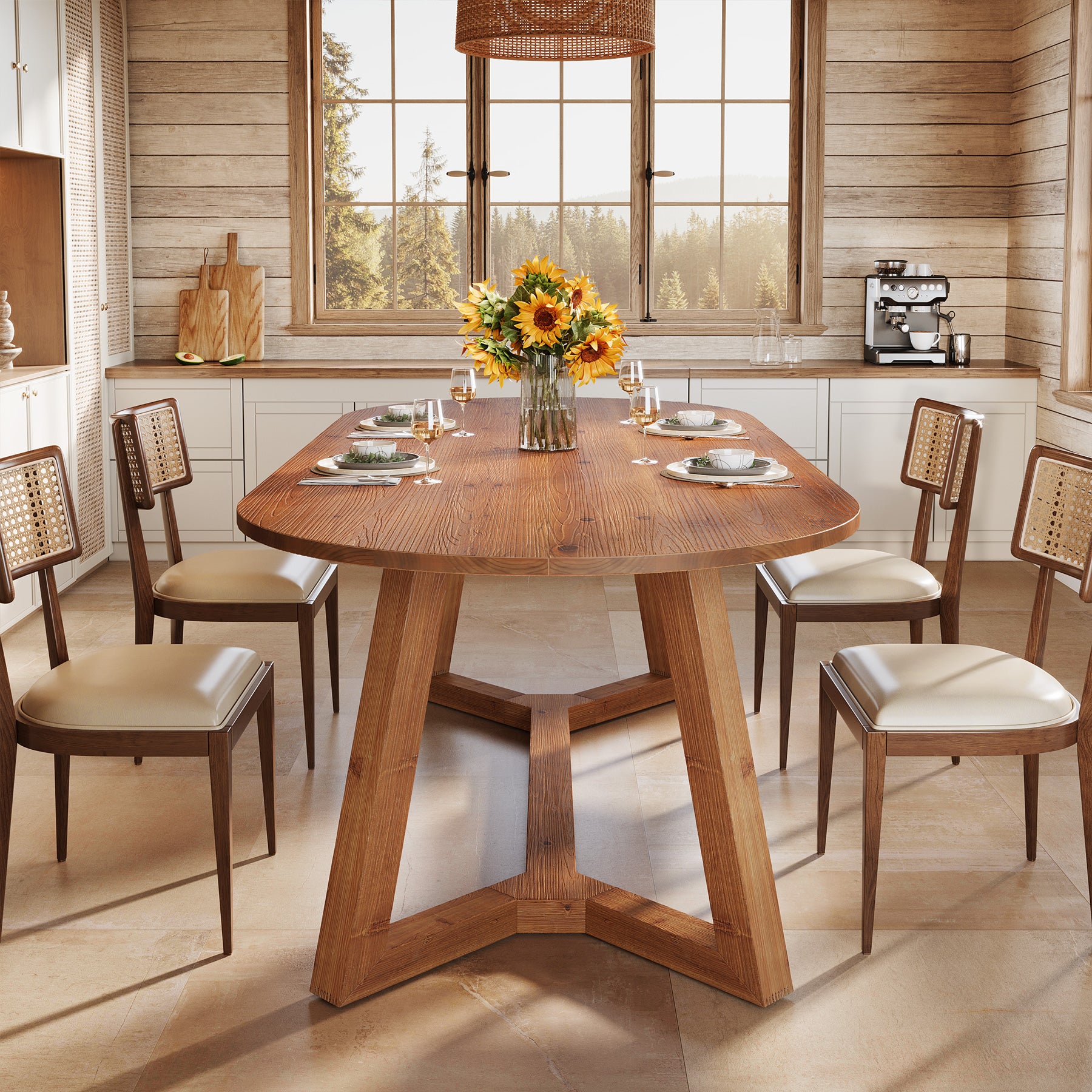 63" Oval Solid Wood Dining Table for 4-6, Farmhouse Kitchen Table with Sturdy Tapered Legs
