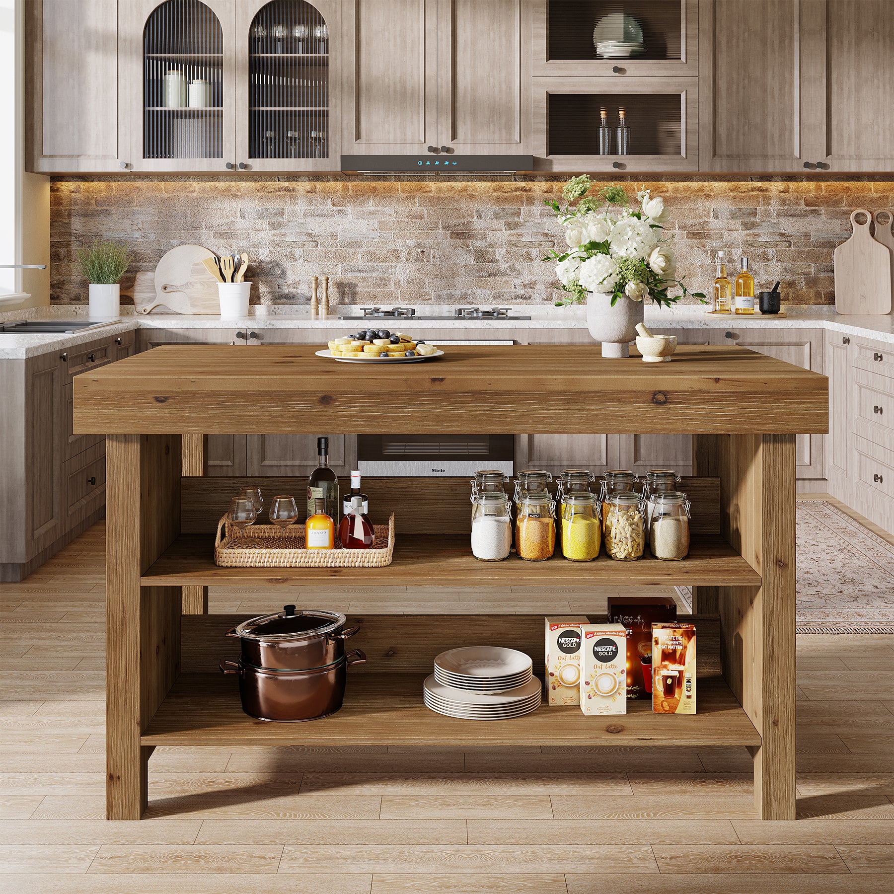 Tribesigns Solid Wood Kitchen Island Table with 2-Tier Open Storage Shelves, Farmhouse Stationary Island Table with Seating for Kitchen and Dining Room