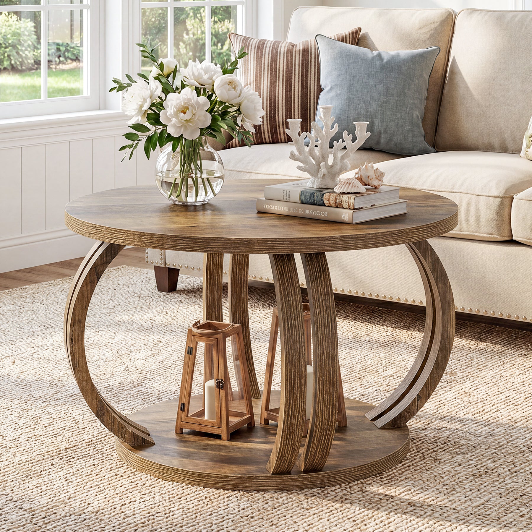 Tribesigns 31.5 Inch Round Coffee Table with Storage, Sculptural Curved Base for Living Room