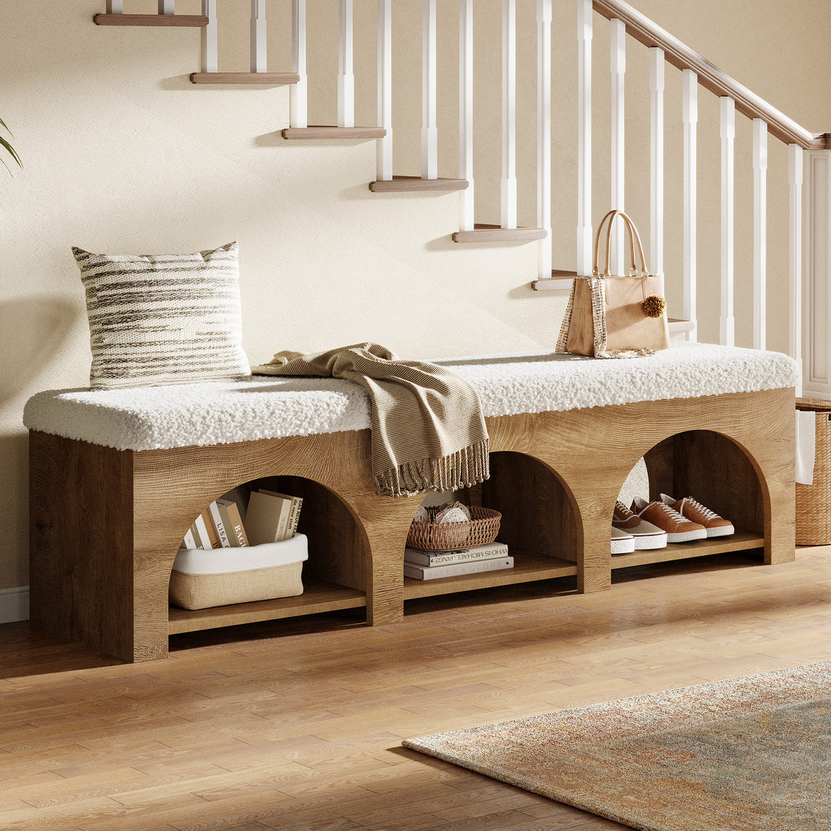 Tribesigns 63" Upholstered Entryway Bench with Arched Shoe Storage, Cushioned Bench for Hallway
