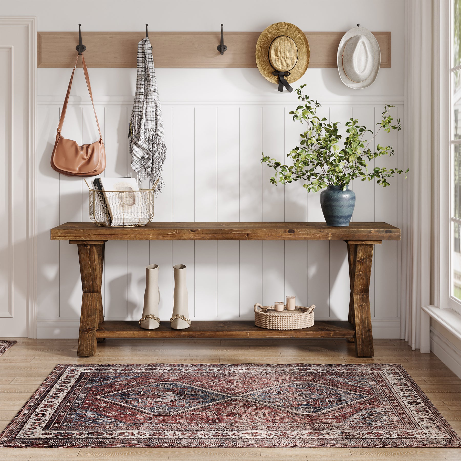 Tribesigns 43.3-Inch Solid Wood Entryway Bench with Storage Shelf and X-Shaped Legs, Farmhouse Shoe Bench for Hallway and Living Room