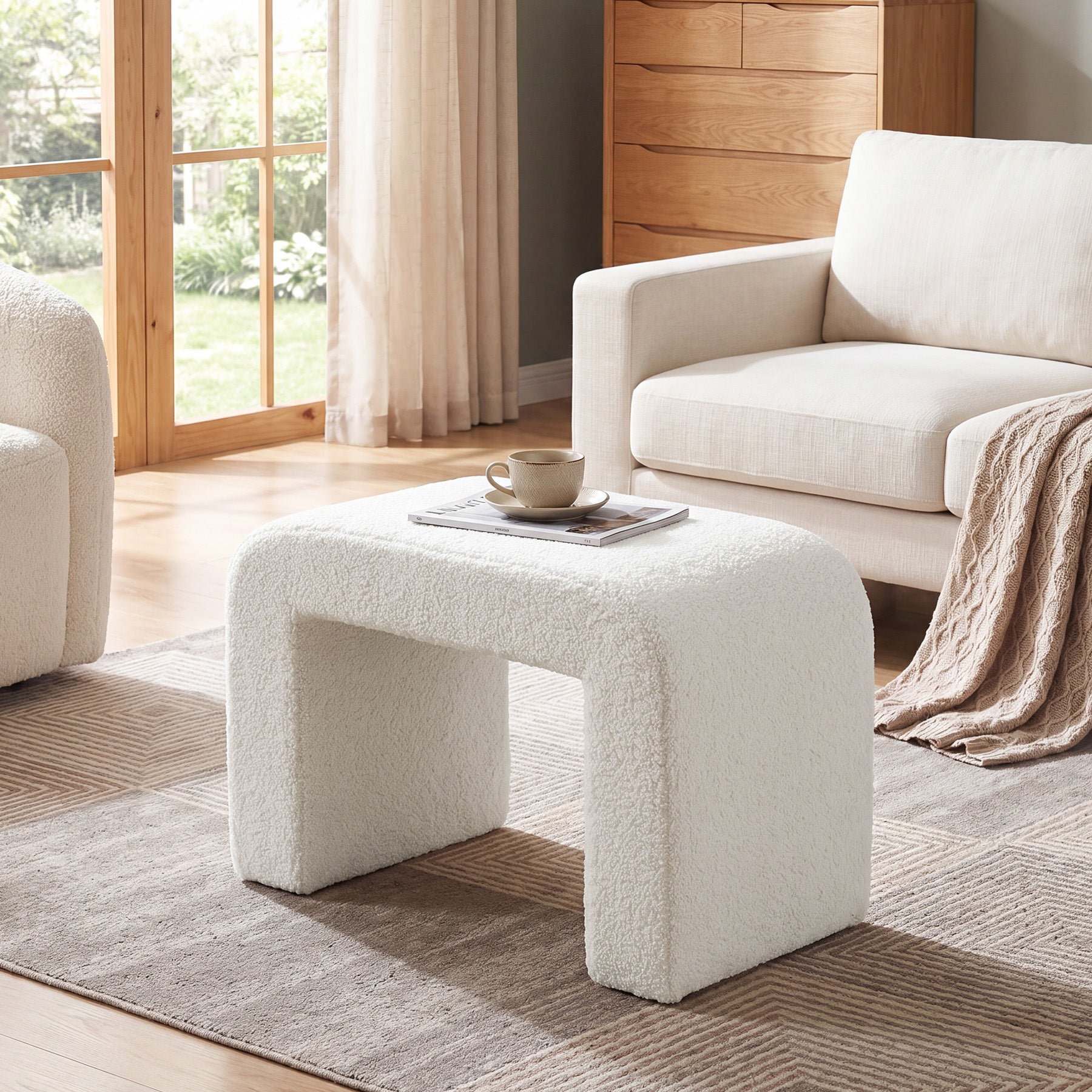 23.62-Inch Modern Vanity Stool with Faux Cashmere Upholstery, Arched Ottoman Footstool