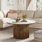 31.5" Sintered Stone Coffee Table, White Round Table with Solid Wood Base for Living Room 3