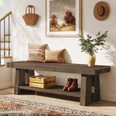 Tribesigns 63-Inch Solid Wood Farmhouse Bench with 2-Tier Open Shoe Storage 3