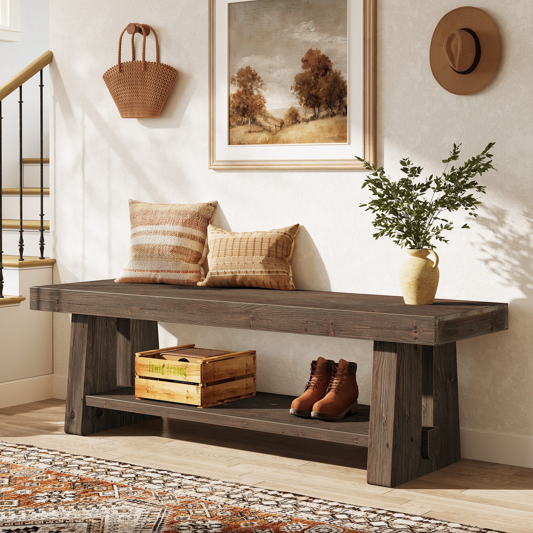 Tribesigns 63-Inch Solid Wood Farmhouse Bench with 2-Tier Open Shoe Storage