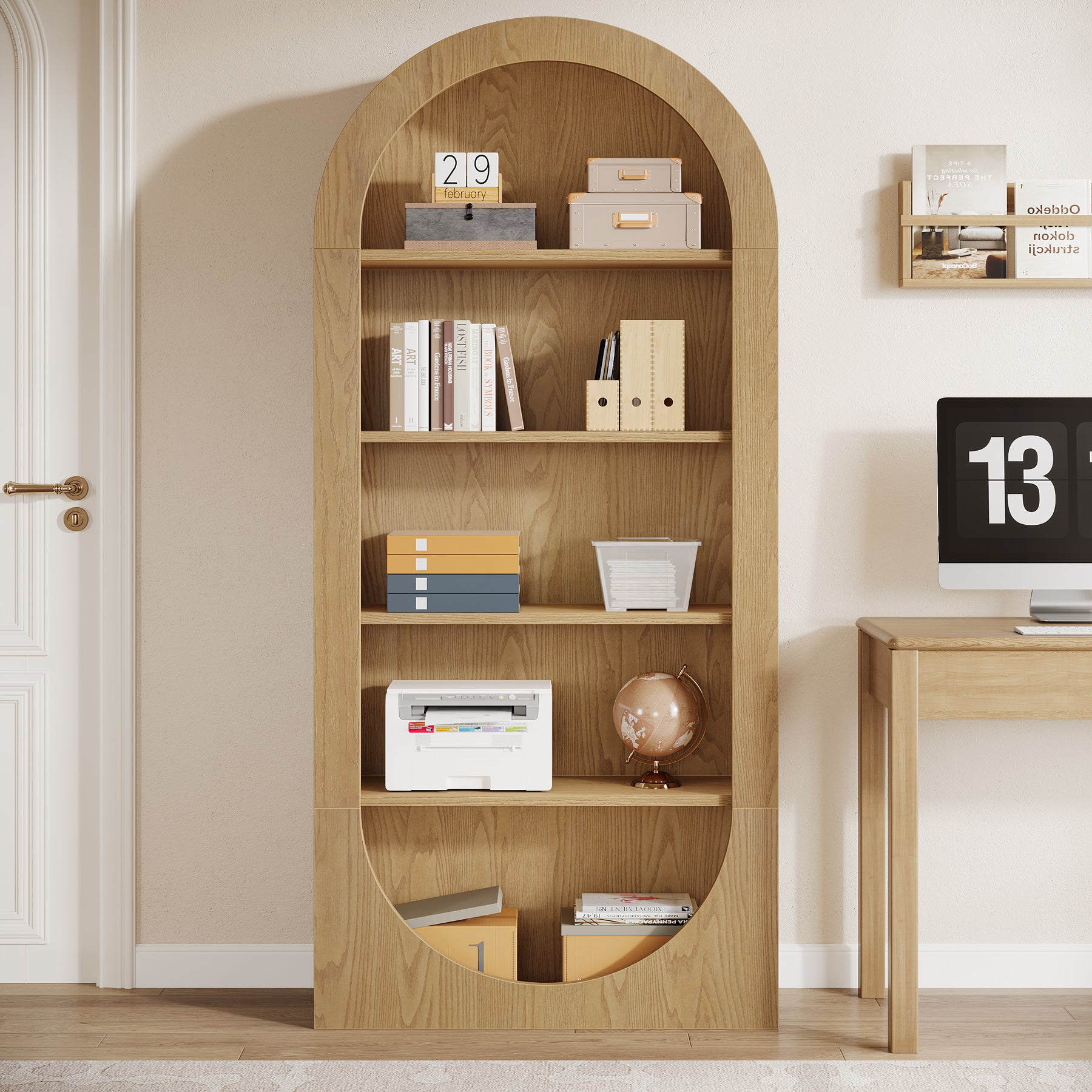 71 Inch Tall Bookshelf with 5 Tier Shelves, Arched Bookcase for Living Room Home Office