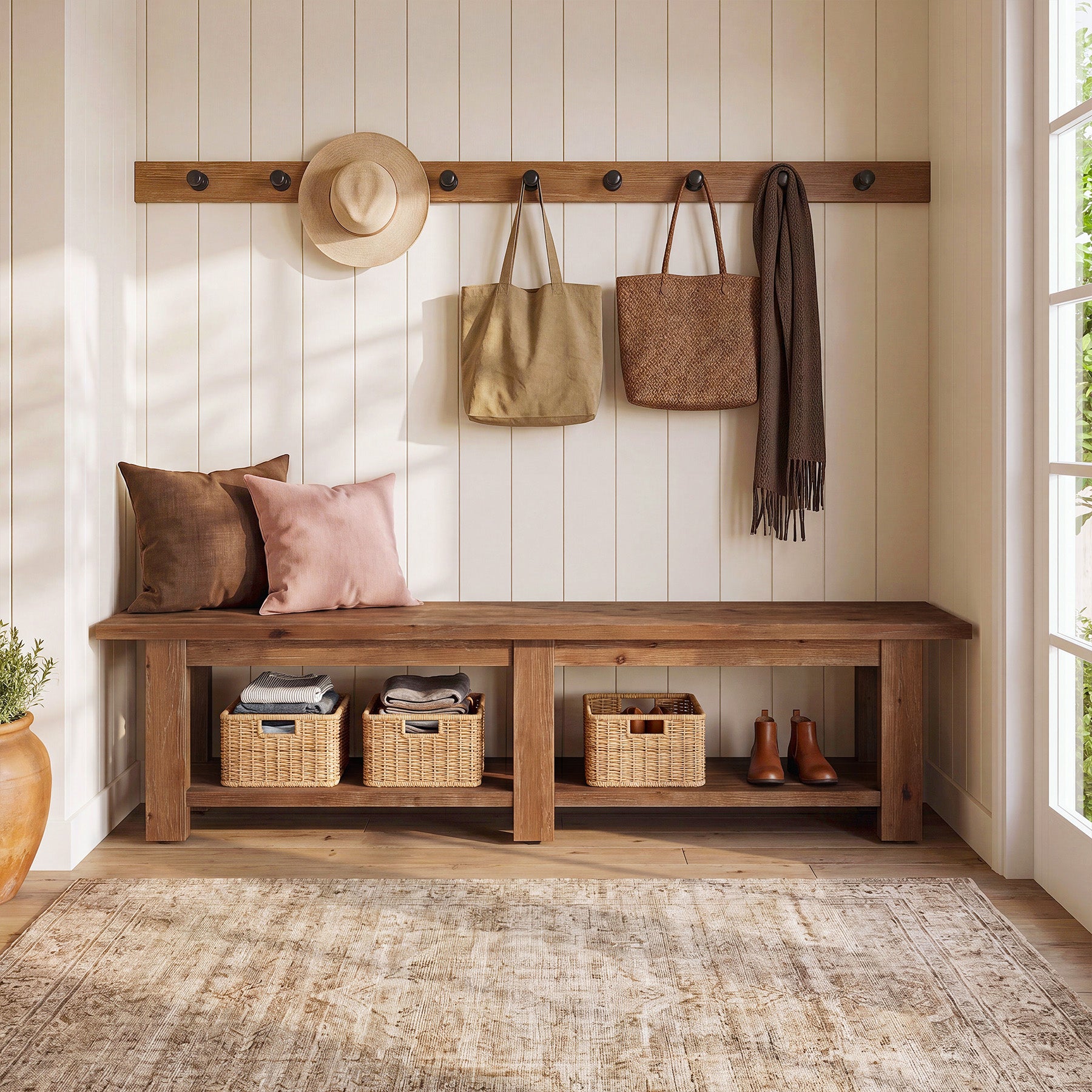Tribesigns 70.9-Inch Solid Wood Shoe Bench with Storage, Extra Long Farmhouse Bench for Entryway
