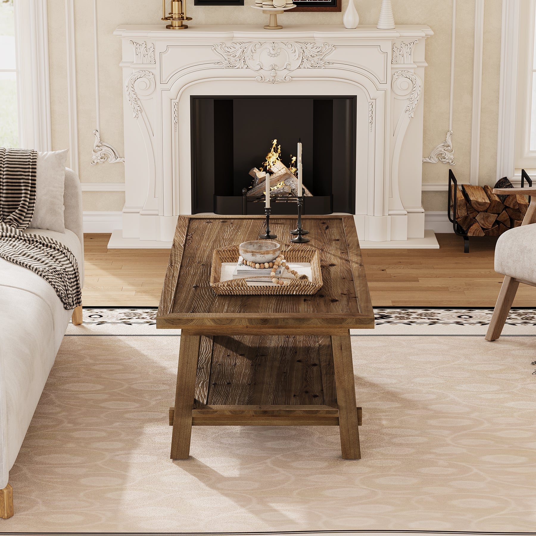 47 Inch Solid Wood Coffee Table, Rustic Farmhouse Rectangle Center Table