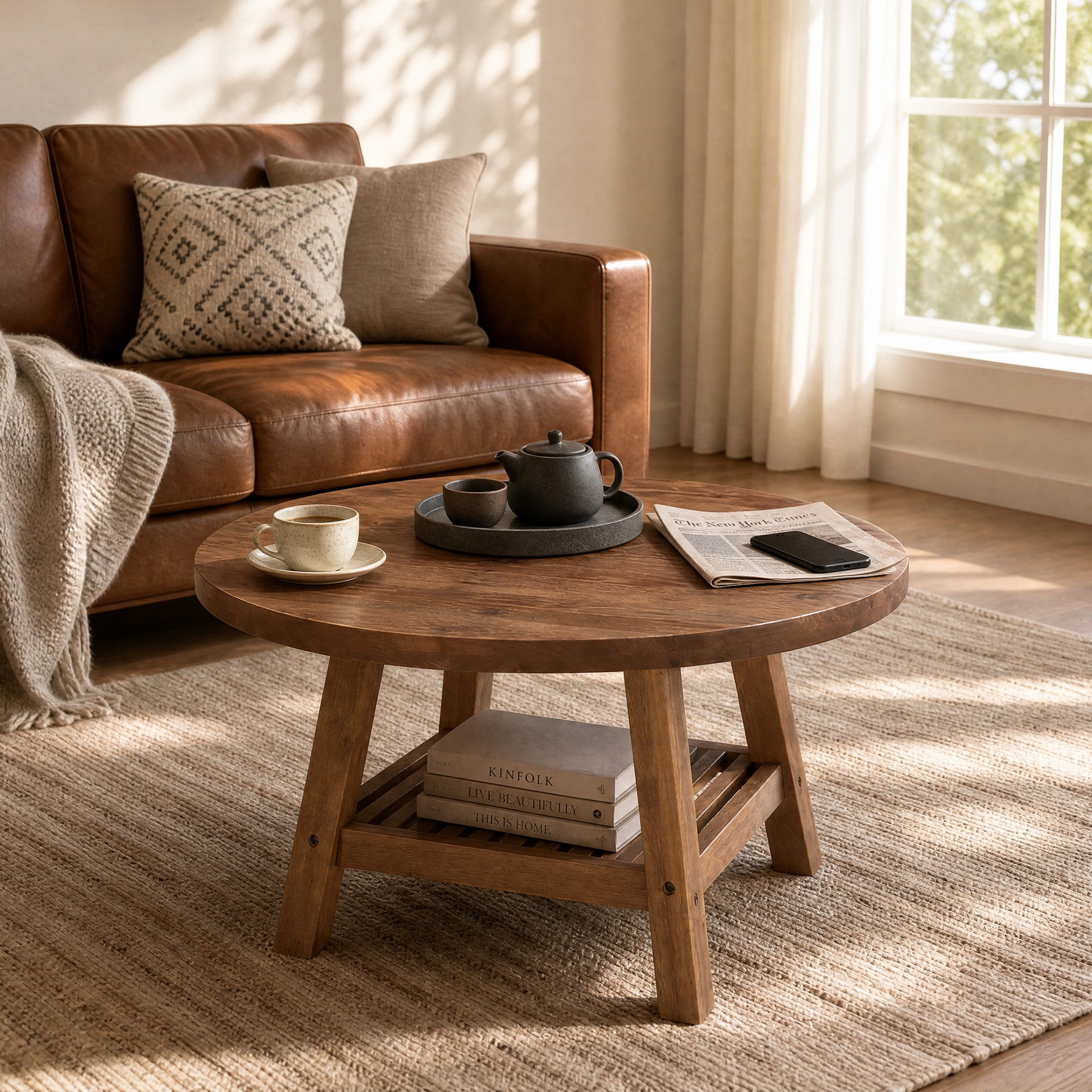 31.5 Inch Solid Wood Round Coffee Table with 2-Tier Storage, Living Room Center Table