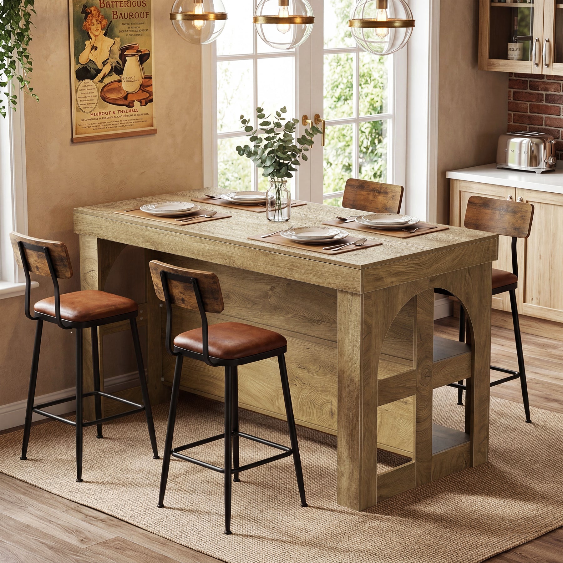 Tribesigns Solid Wood Kitchen Island Table with Storage Shelves, Farmhouse Counter Height Island