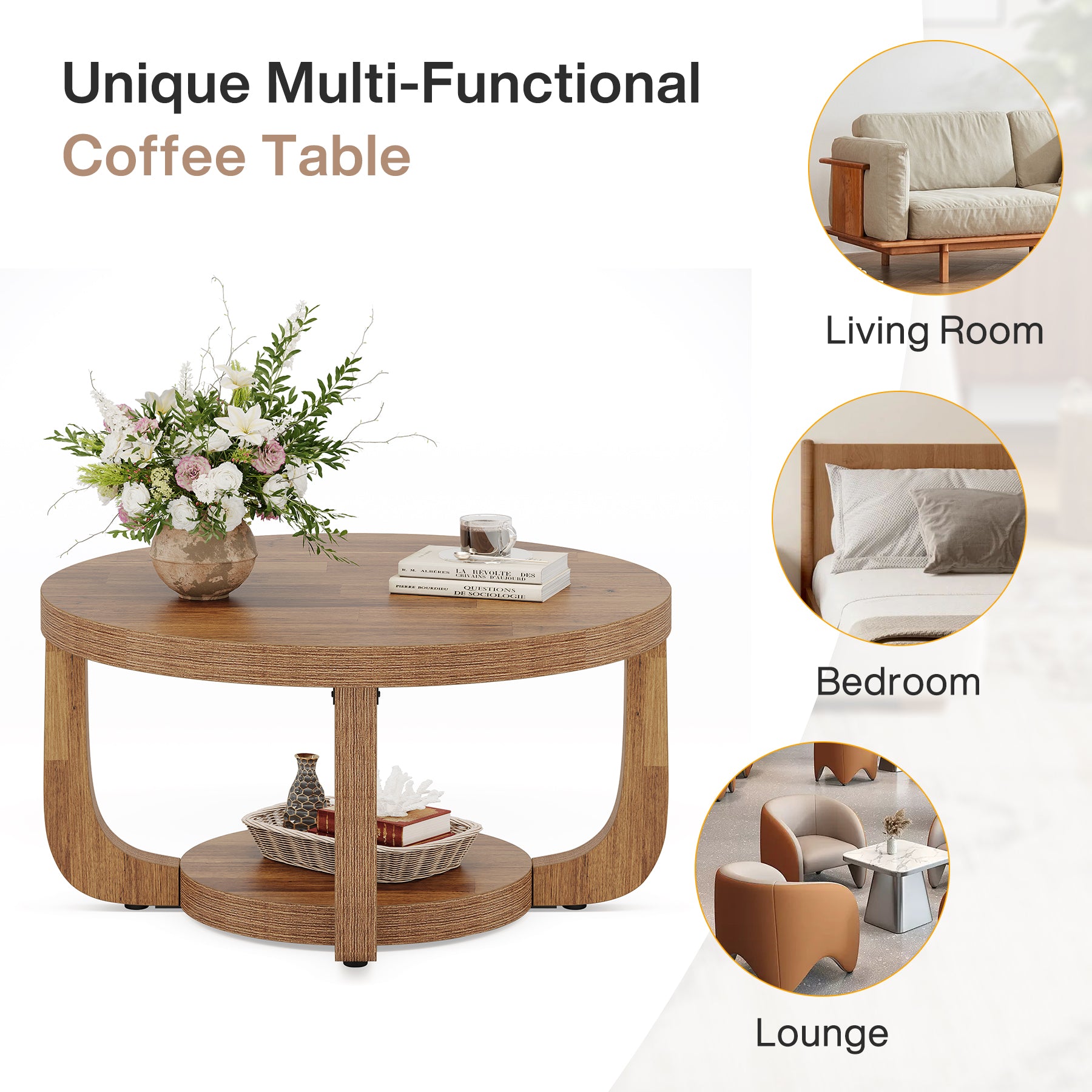 Tribesigns 31.5-Inch Round Coffee Table with Storage Shelf, 2-Tier Farmhouse Table for Living Room