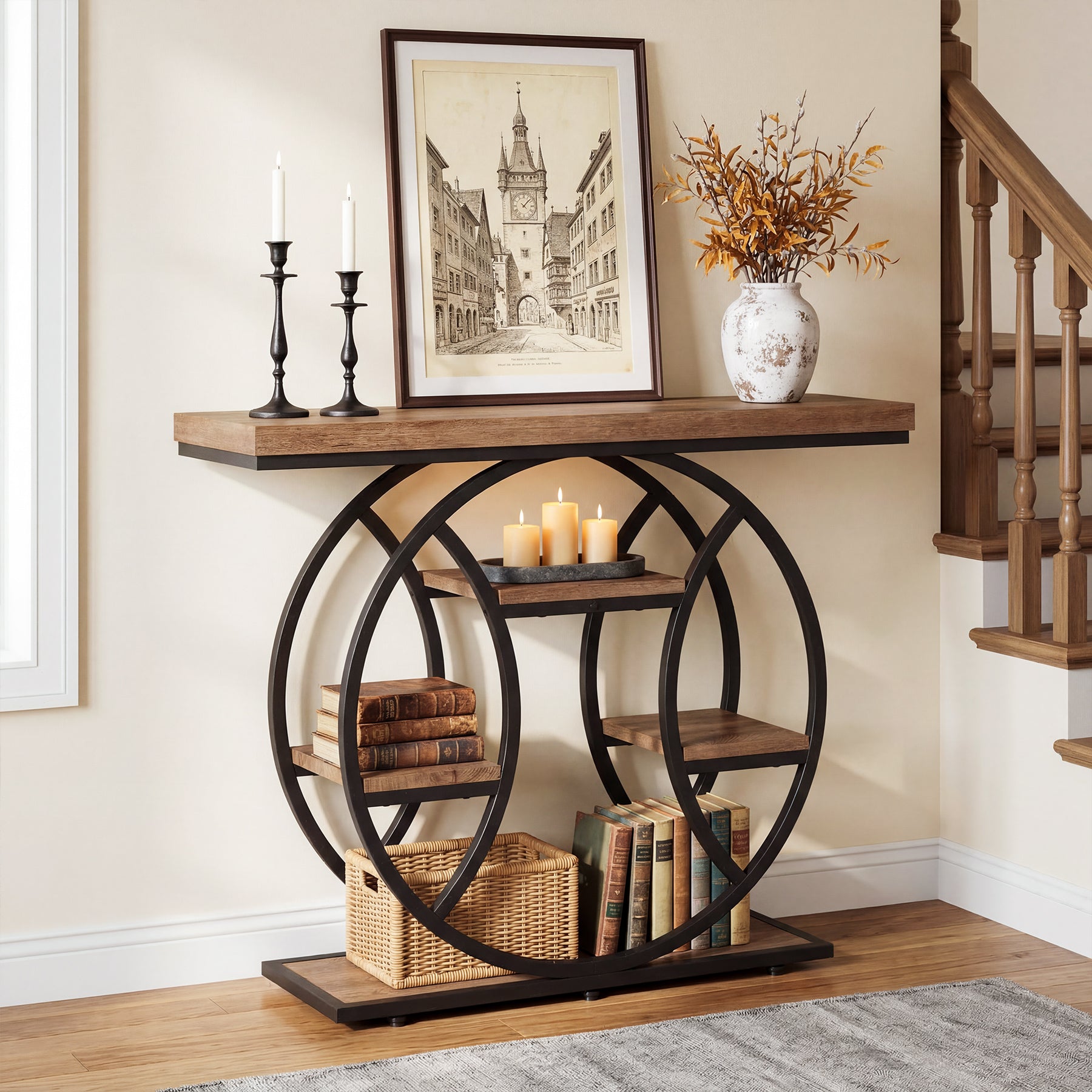41.3" Industrial Console Table with 4-Tier Storage, Entryway Sofa Table for Hallway Living Room Entrance
