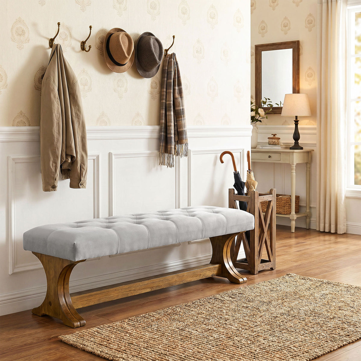 Tribesigns 55 Inch Upholstered End of Bed Bench with Tufted Cushion, Farmhouse Storage Bench for Bedroom and Living Room