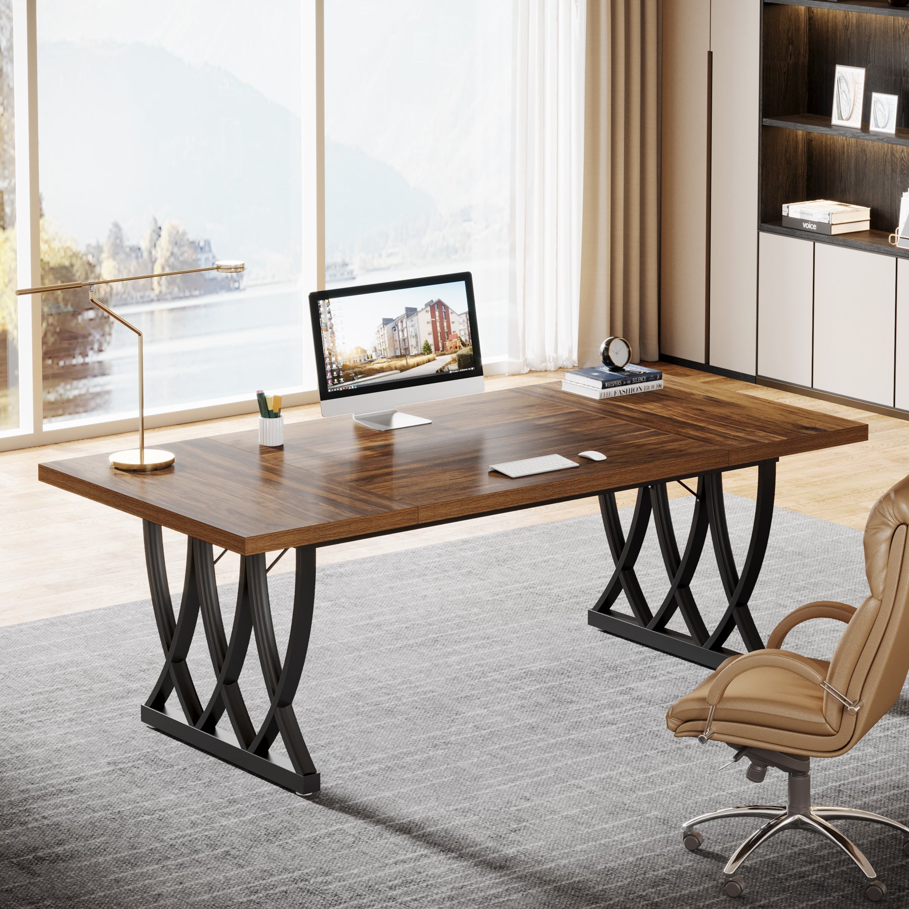 Tribesigns 70.86-Inch Executive Desk, Large Home Office Computer Desk with Trestle Metal Frame for Study and Writing