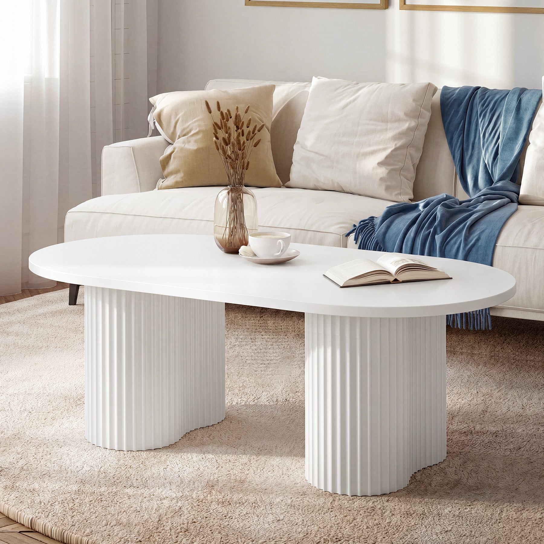 Tribesigns 47-Inch Oval Coffee Table with Fluted Design, Modern White Center Table for Living Room and Office