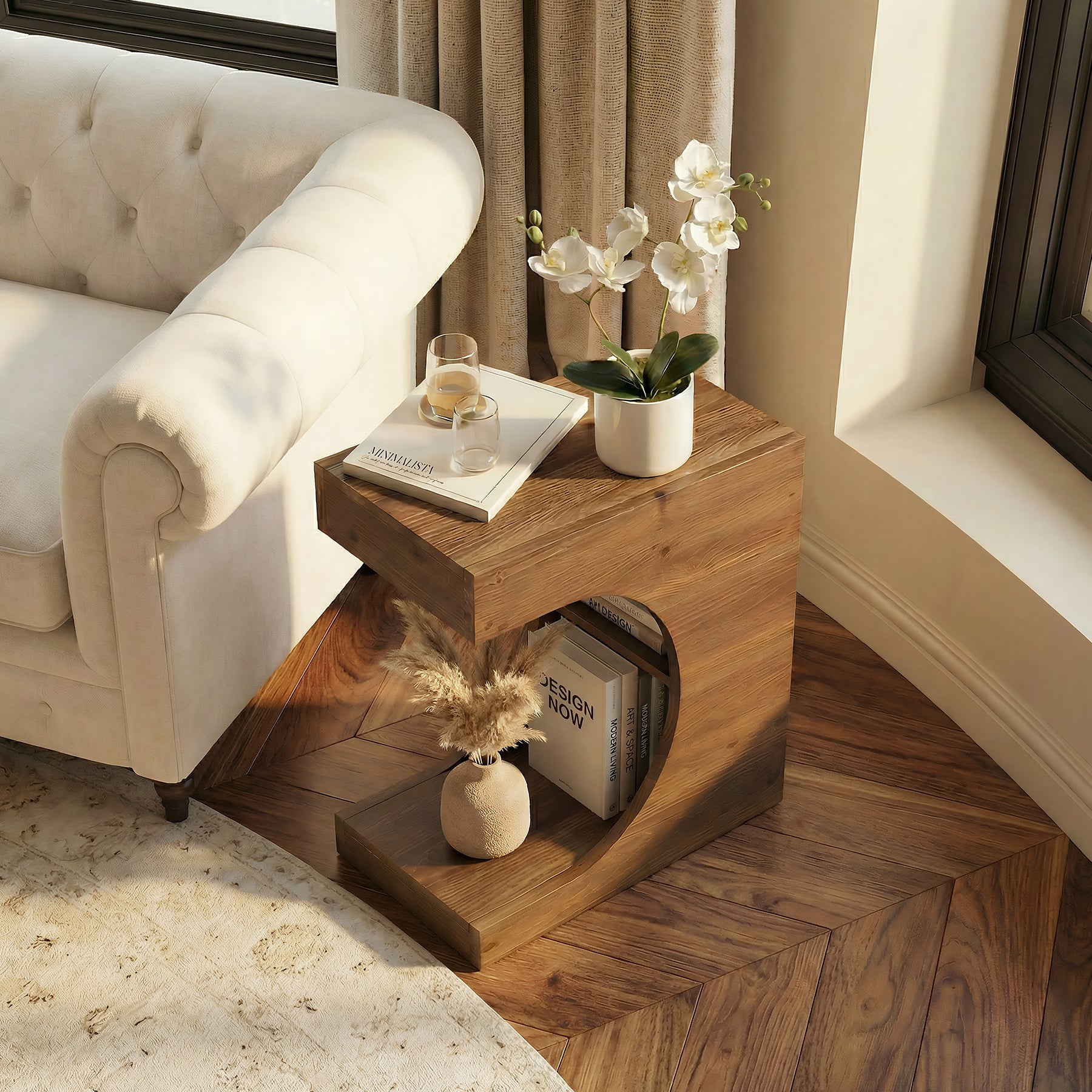 Tribesigns 11.8-Inch Wide Solid Wood C-Shaped Side Table with 2-Tier Storage Shelf