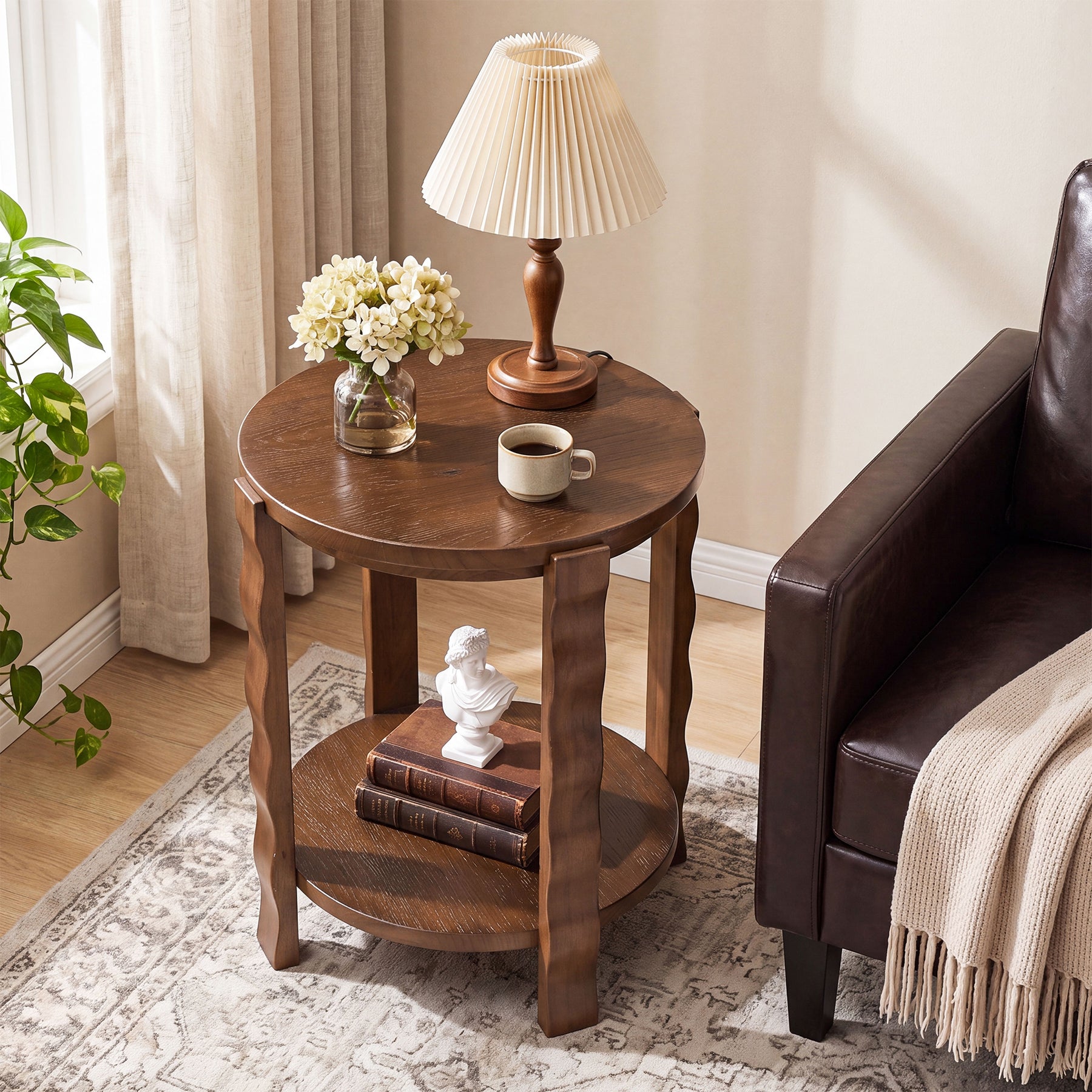 Tribesigns 19.69-Inch Round Side Table with 2-Tier Storage, Solid Wood End Table for Living Room