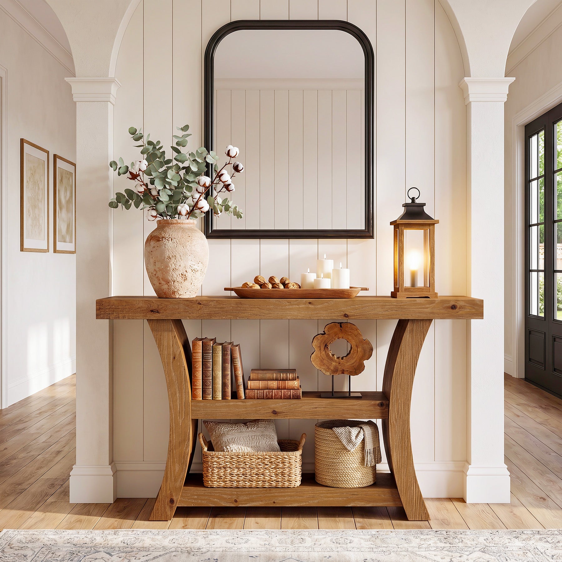 Tribesigns 55-Inch Solid Wood Console Table with 3-Tier Storage, Curved Entryway Table for Hallway