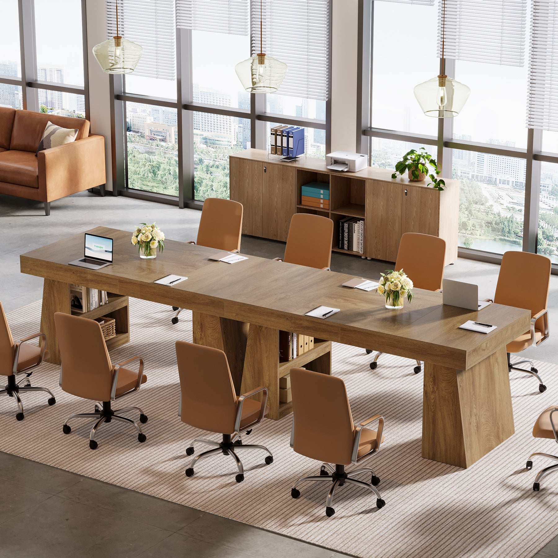 55 Inch Conference Table for 4-6 People, Farmhouse Rectangle Meeting Table with Storage Drawer and Shelves for Office Conference Room